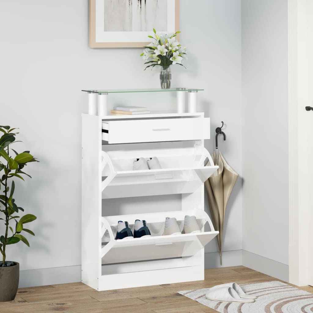 vidaXL Schoenenkast met lade en glazen schap wit hout