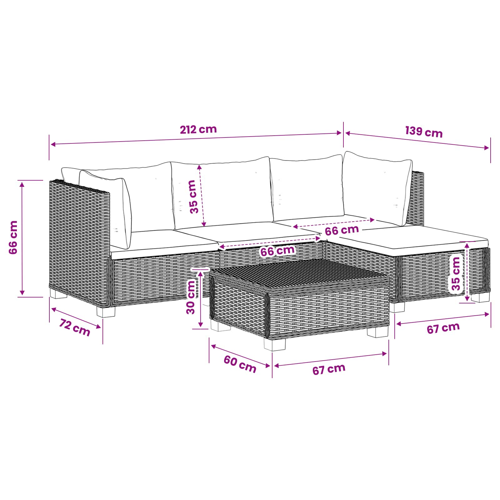 vidaXL 5 st Rieten Loungeset met Kussens GENDT Natuurlijk rattan