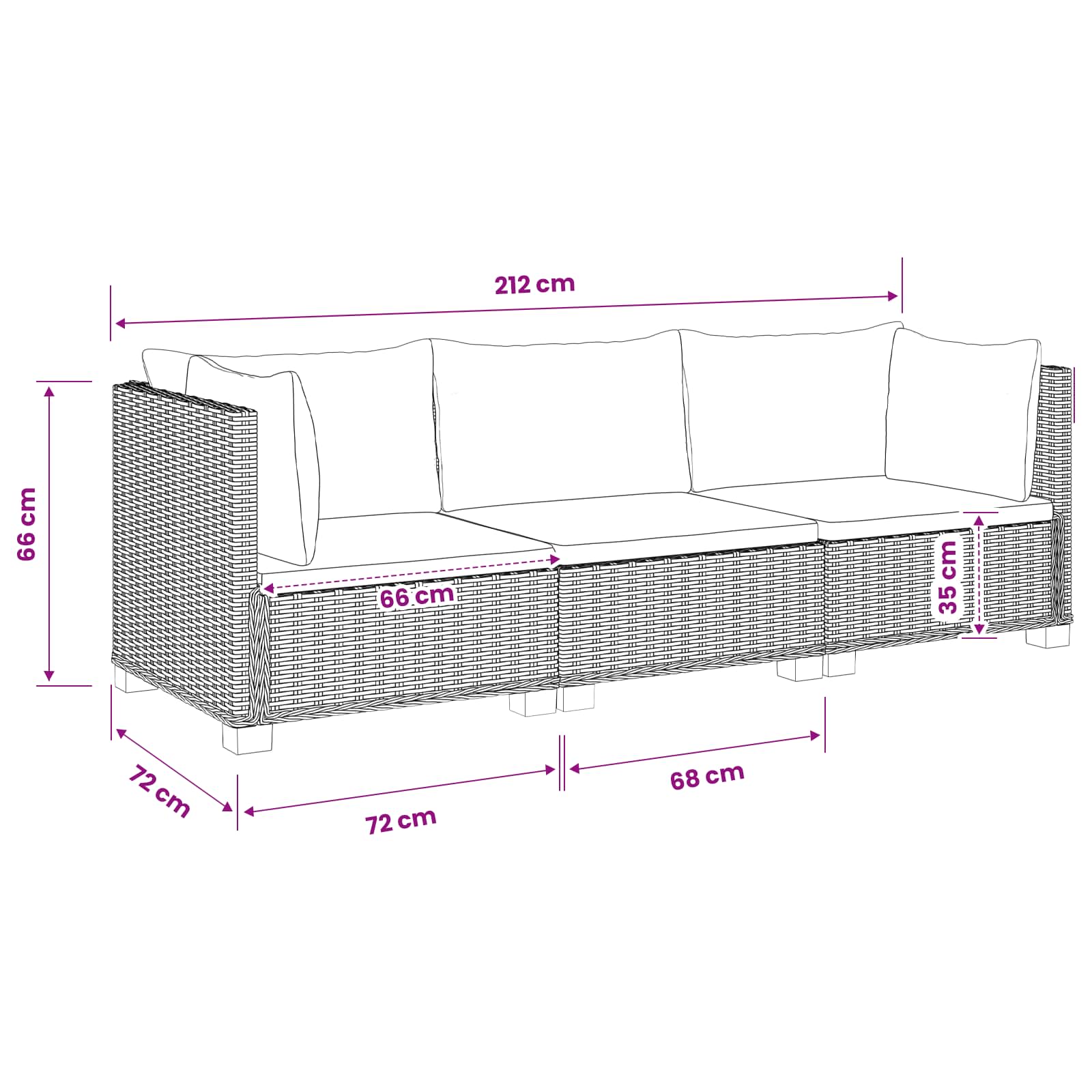 vidaXL 3 st Rieten Loungeset met Kussens GENDT Natuurlijk rattan