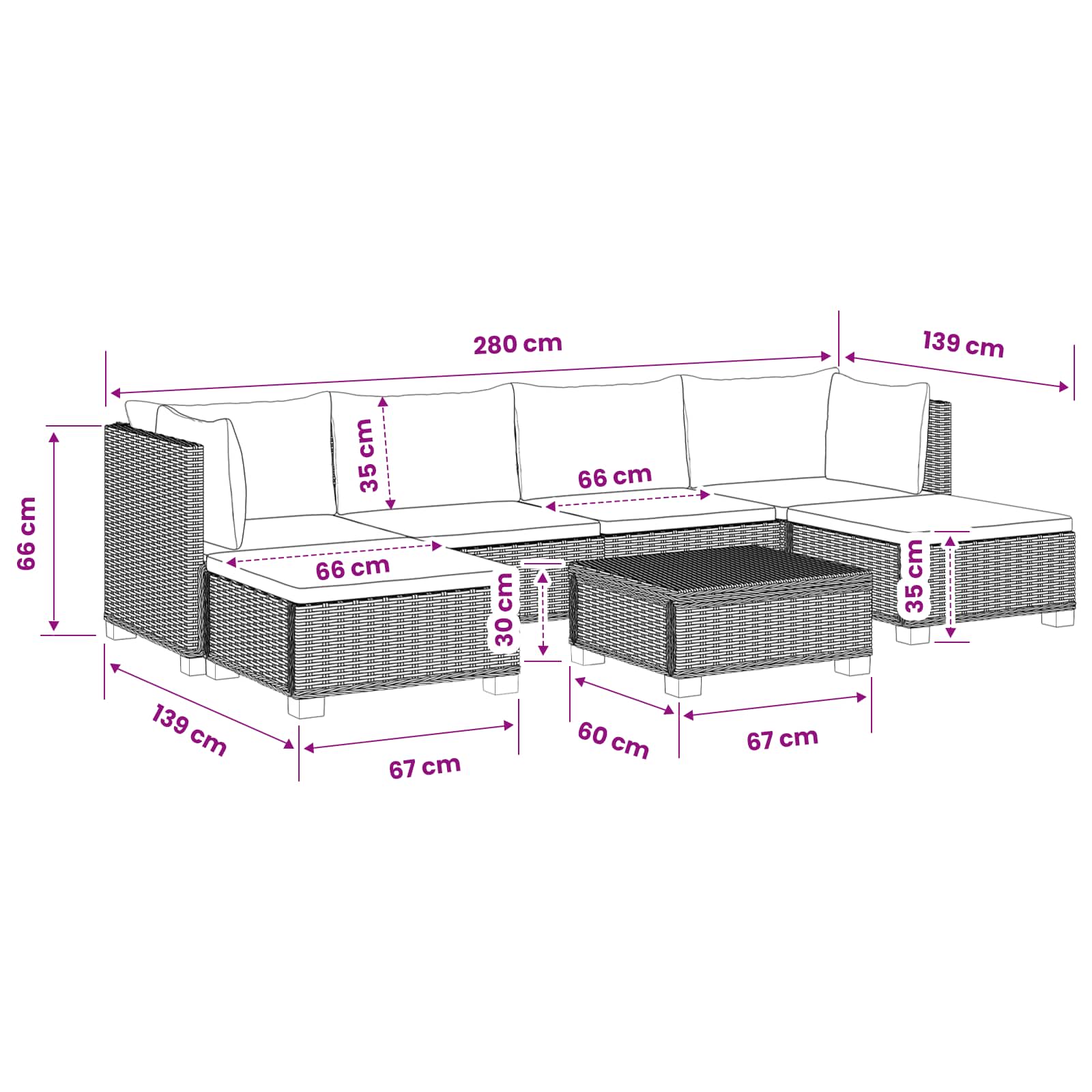 vidaXL 7 st Rieten Loungeset met Kussens GENDT Natuurlijk rattan