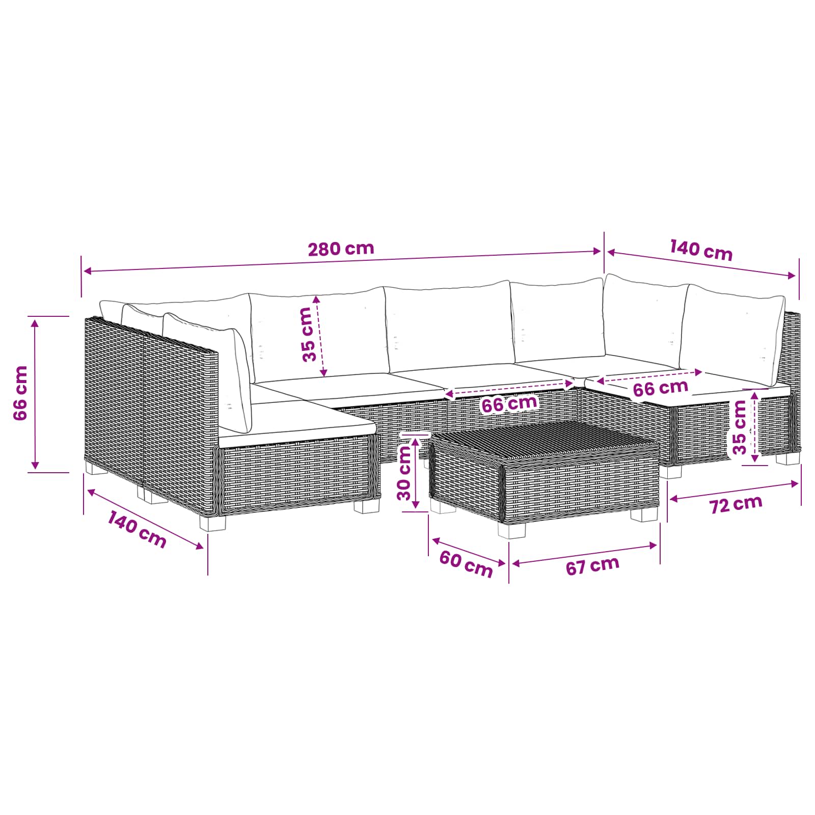 vidaXL 7 st Rieten Loungeset met Kussens GENDT Natuurlijk rattan