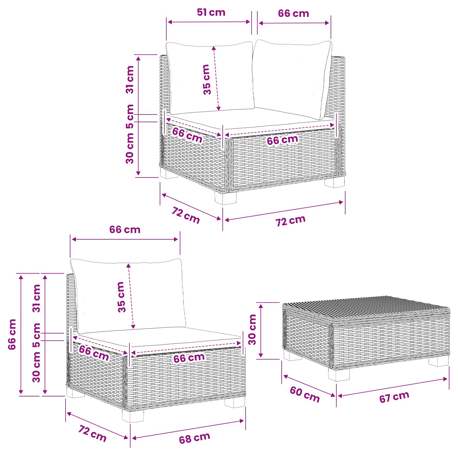 vidaXL 7 st Rieten Loungeset met Kussens GENDT Natuurlijk rattan