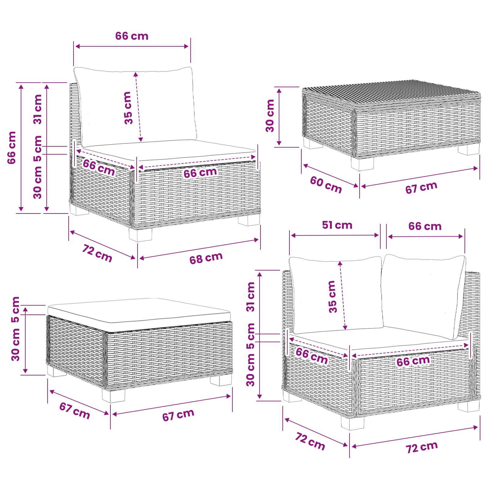 vidaXL 6 st Rieten Loungeset met Kussens GENDT Natuurlijk rattan