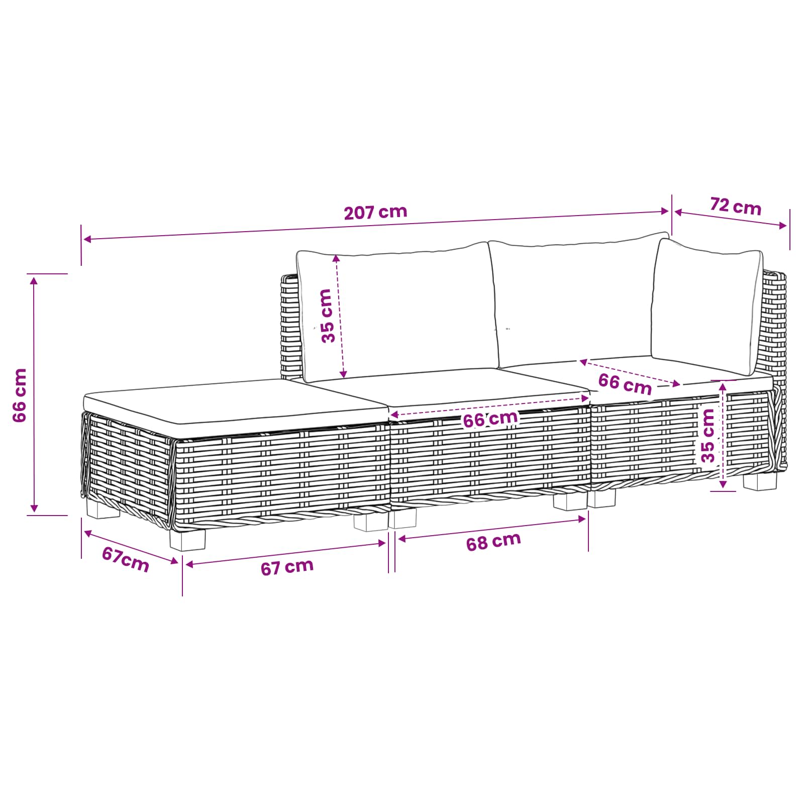 vidaXL 3 st Rieten Loungeset met Kussens GENDT Natuurlijk rattan