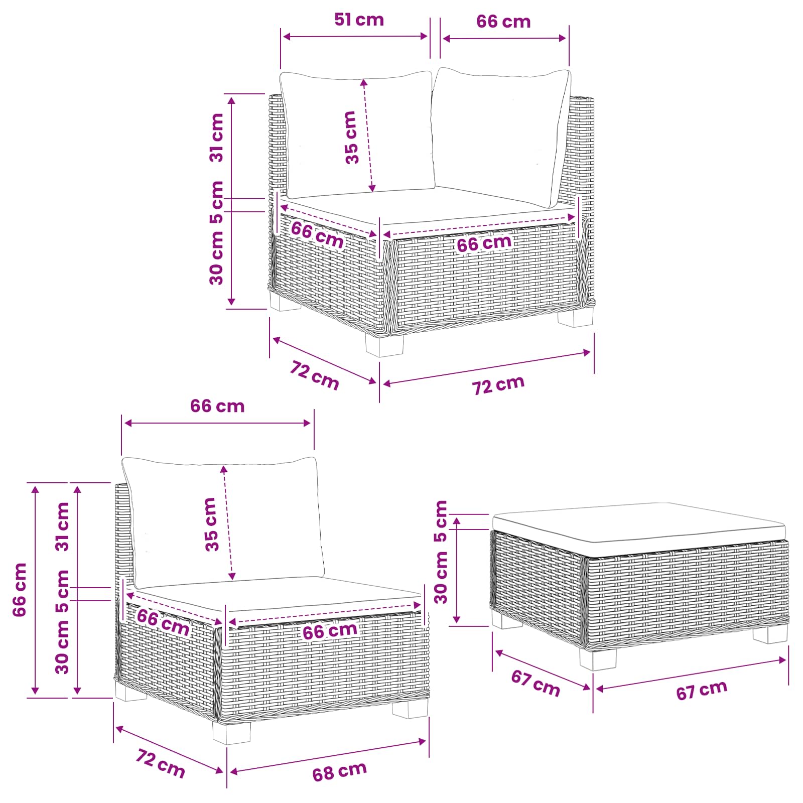 vidaXL 3 st Rieten Loungeset met Kussens GENDT Natuurlijk rattan