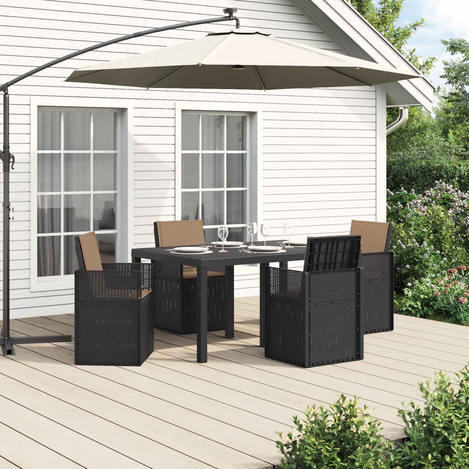 vidaXL Tuin eettafelset met kussen 3 pcs Antraciet- en crèmekleurig PP