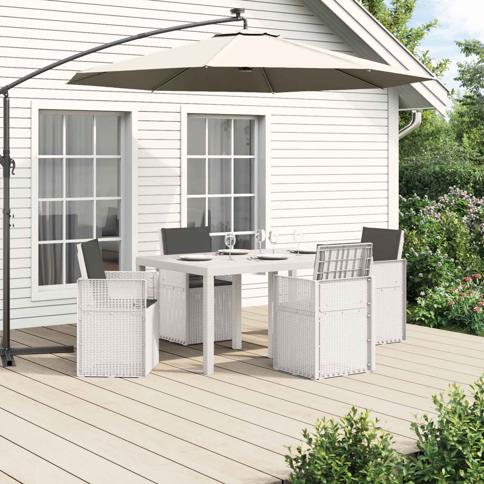 vidaXL Tuin eettafelset met kussen 3 pcs Antraciet- en crèmekleurig PP