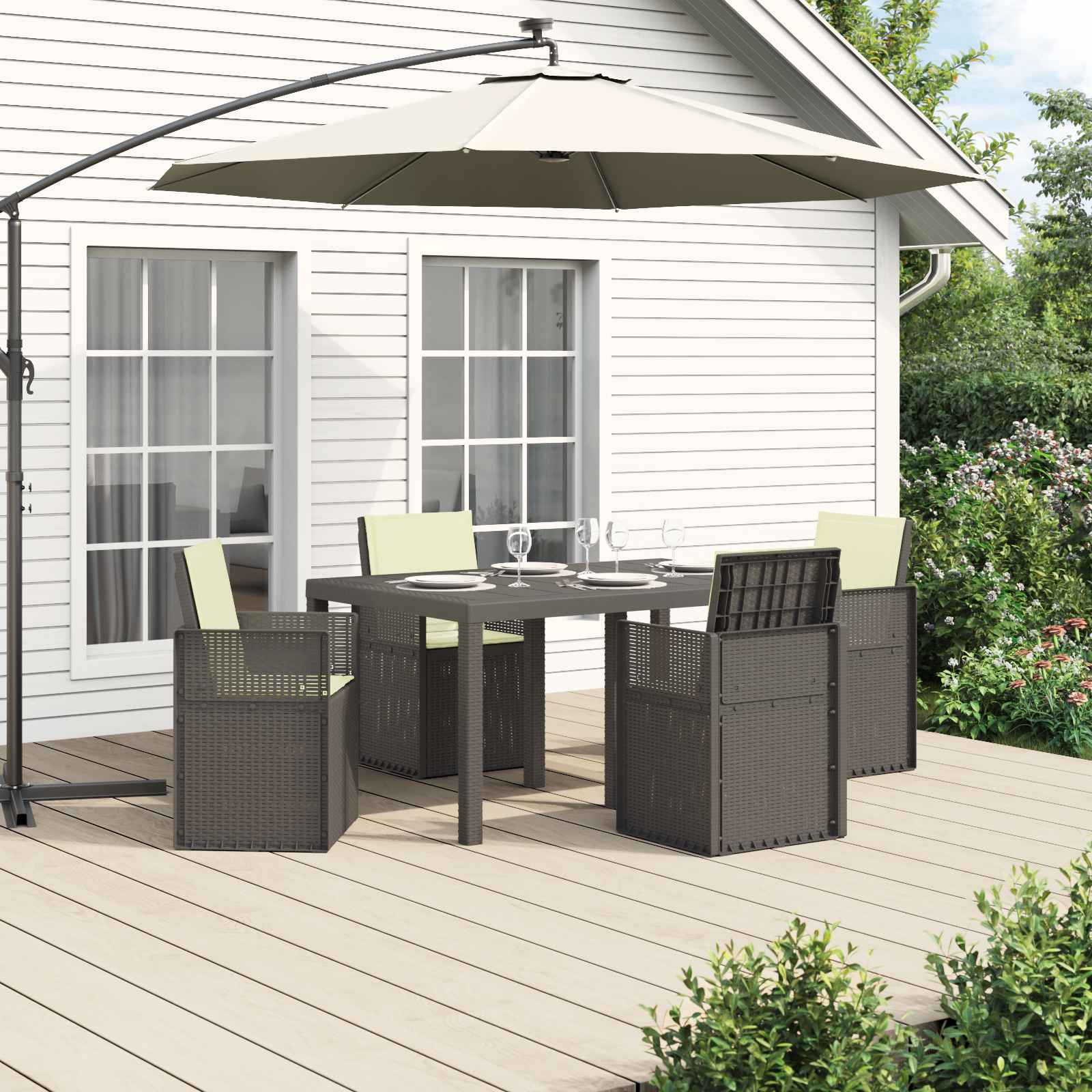 vidaXL Tuin eettafelset met kussen 3 pcs Antraciet- en crèmekleurig PP