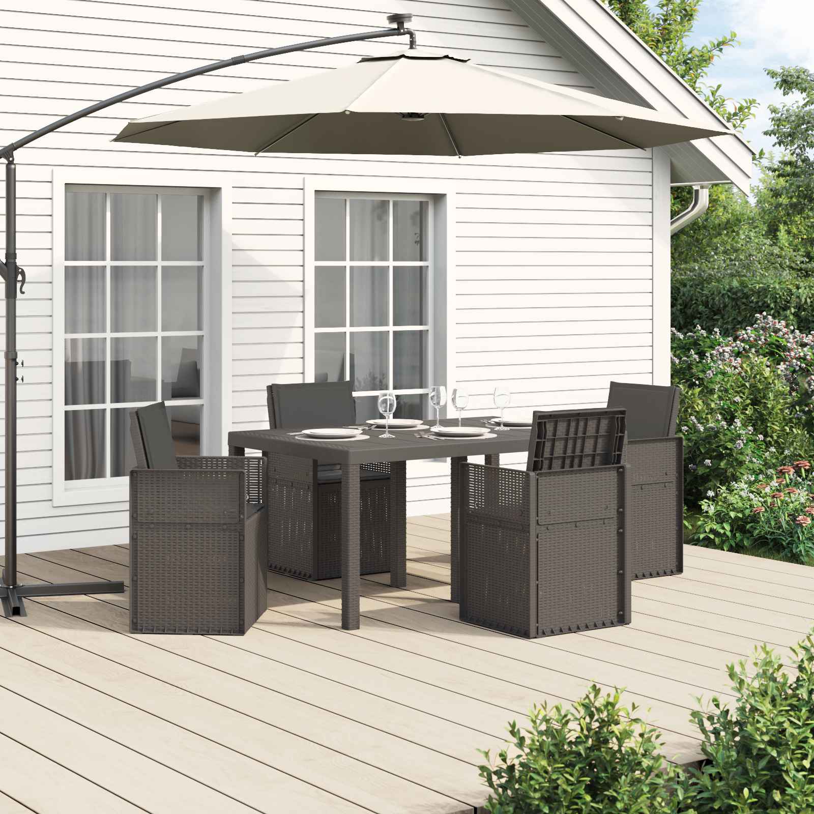 vidaXL Tuin eettafelset met kussen 3 pcs Antraciet- en crèmekleurig PP