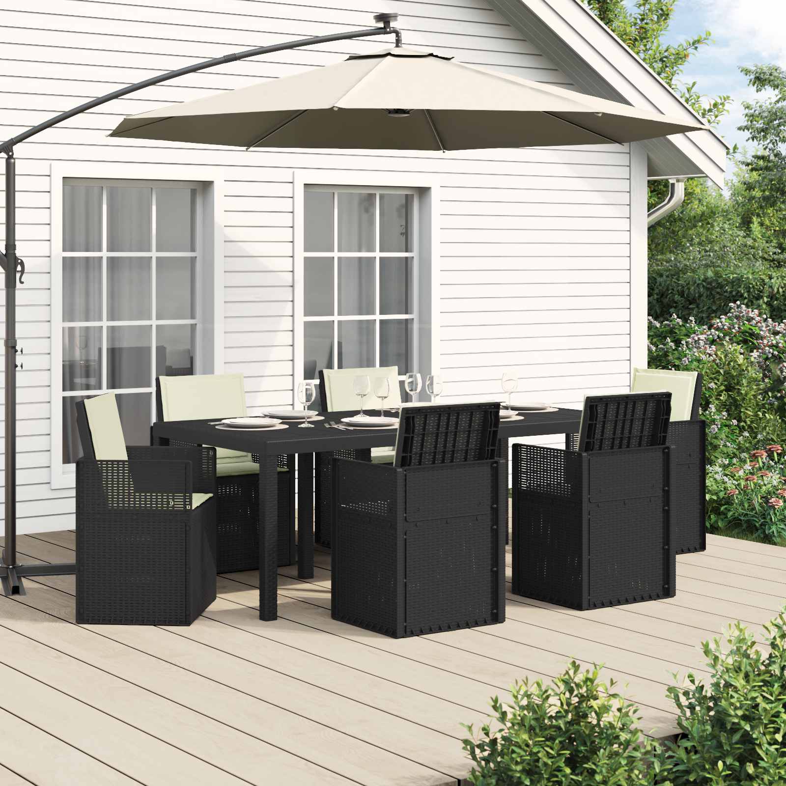 vidaXL Tuin eettafelset met kussen 3 pcs Antraciet- en crèmekleurig PP