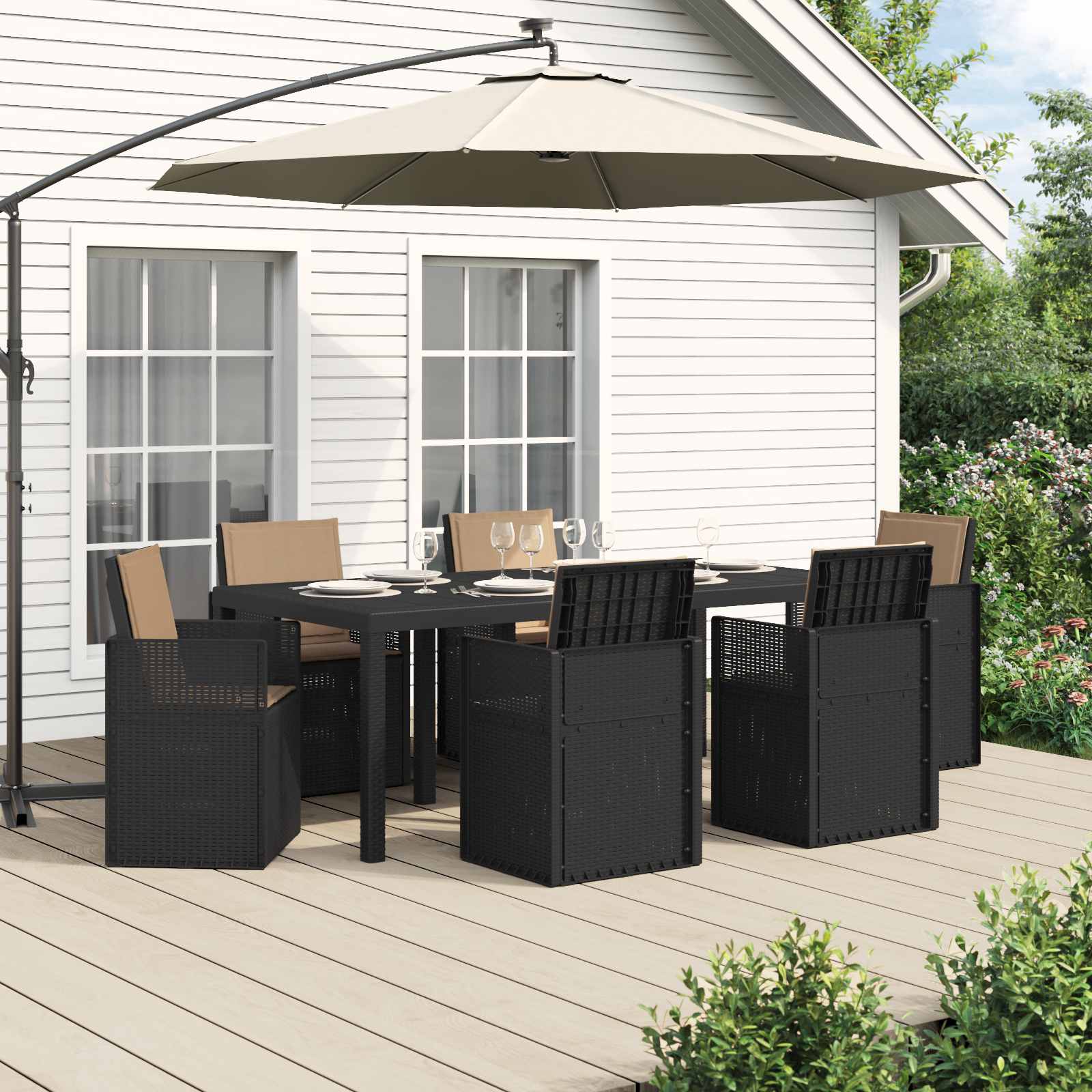 vidaXL Tuin eettafelset met kussen 3 pcs Antraciet- en crèmekleurig PP