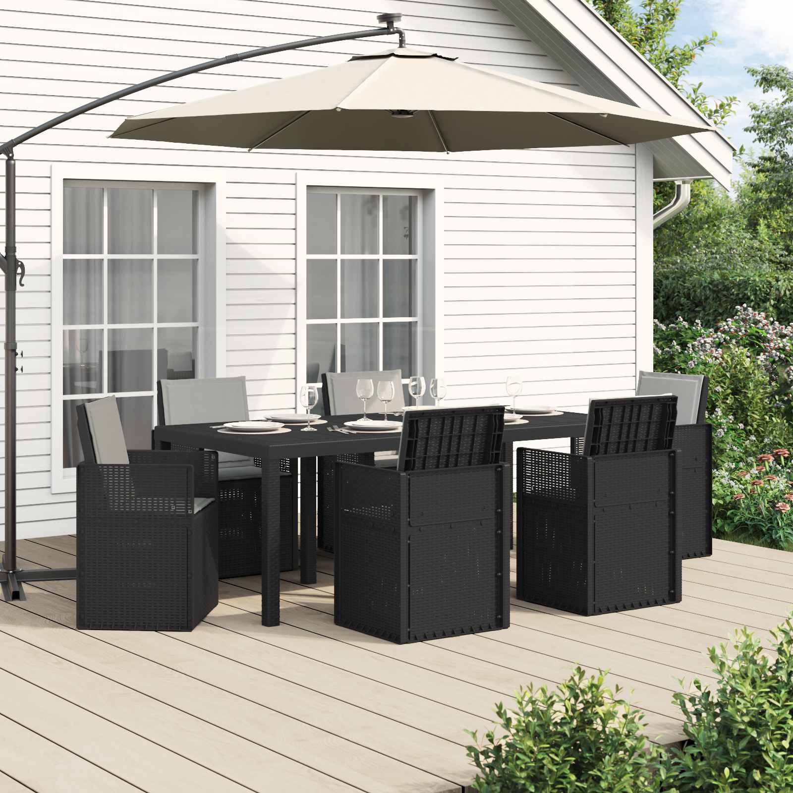 vidaXL Tuin eettafelset met kussen 3 pcs Antraciet- en crèmekleurig PP