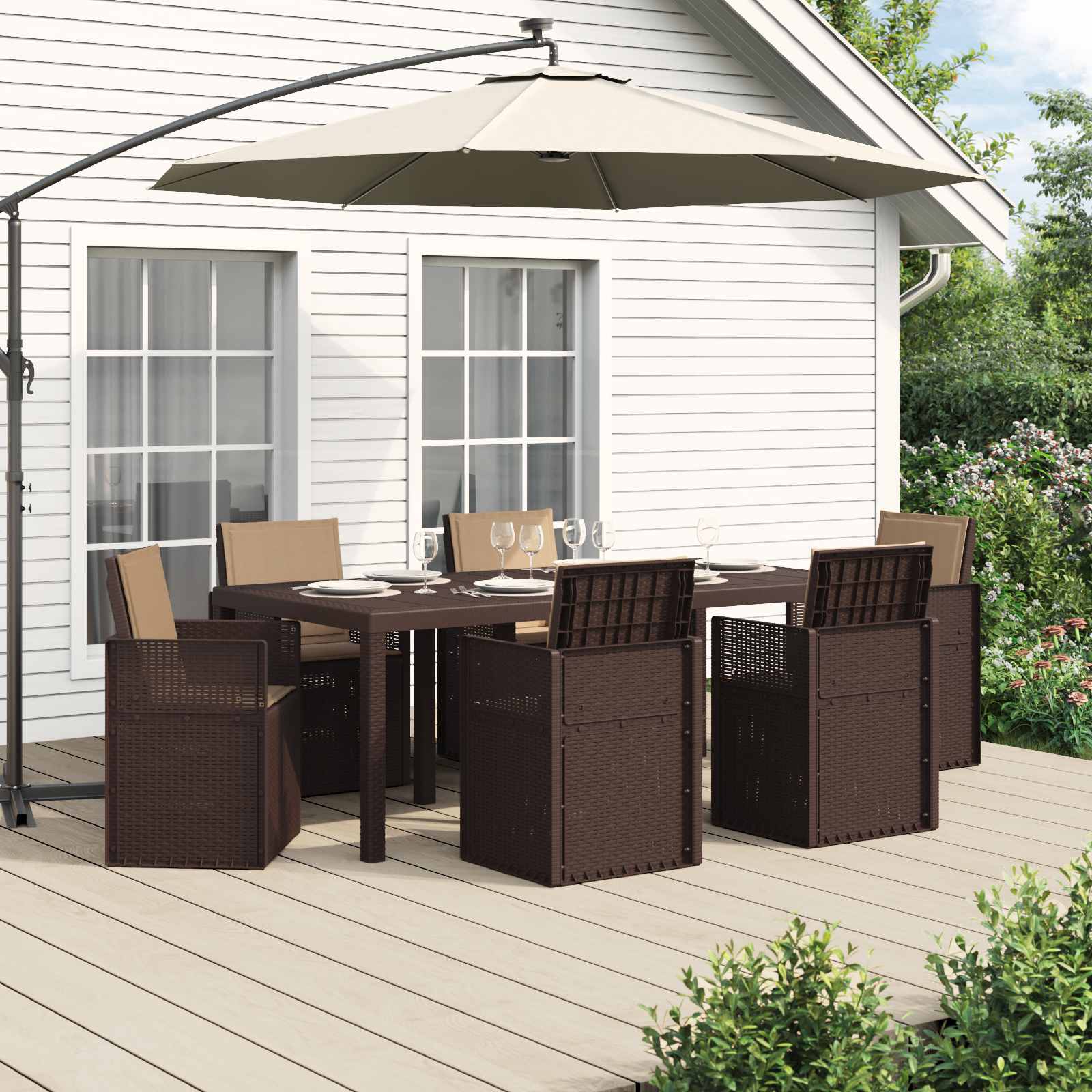 vidaXL Tuin eettafelset met kussen 3 pcs Antraciet- en crèmekleurig PP