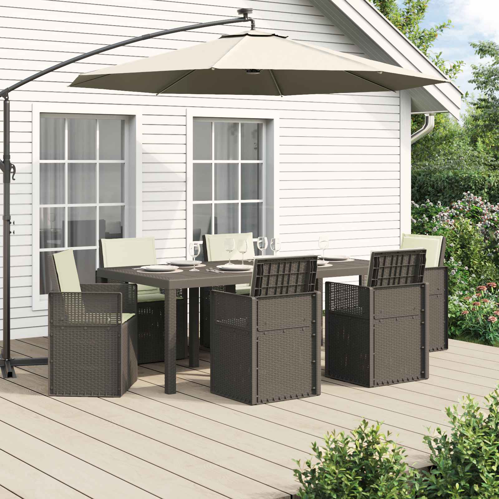 vidaXL Tuin eettafelset met kussen 3 pcs Antraciet- en crèmekleurig PP