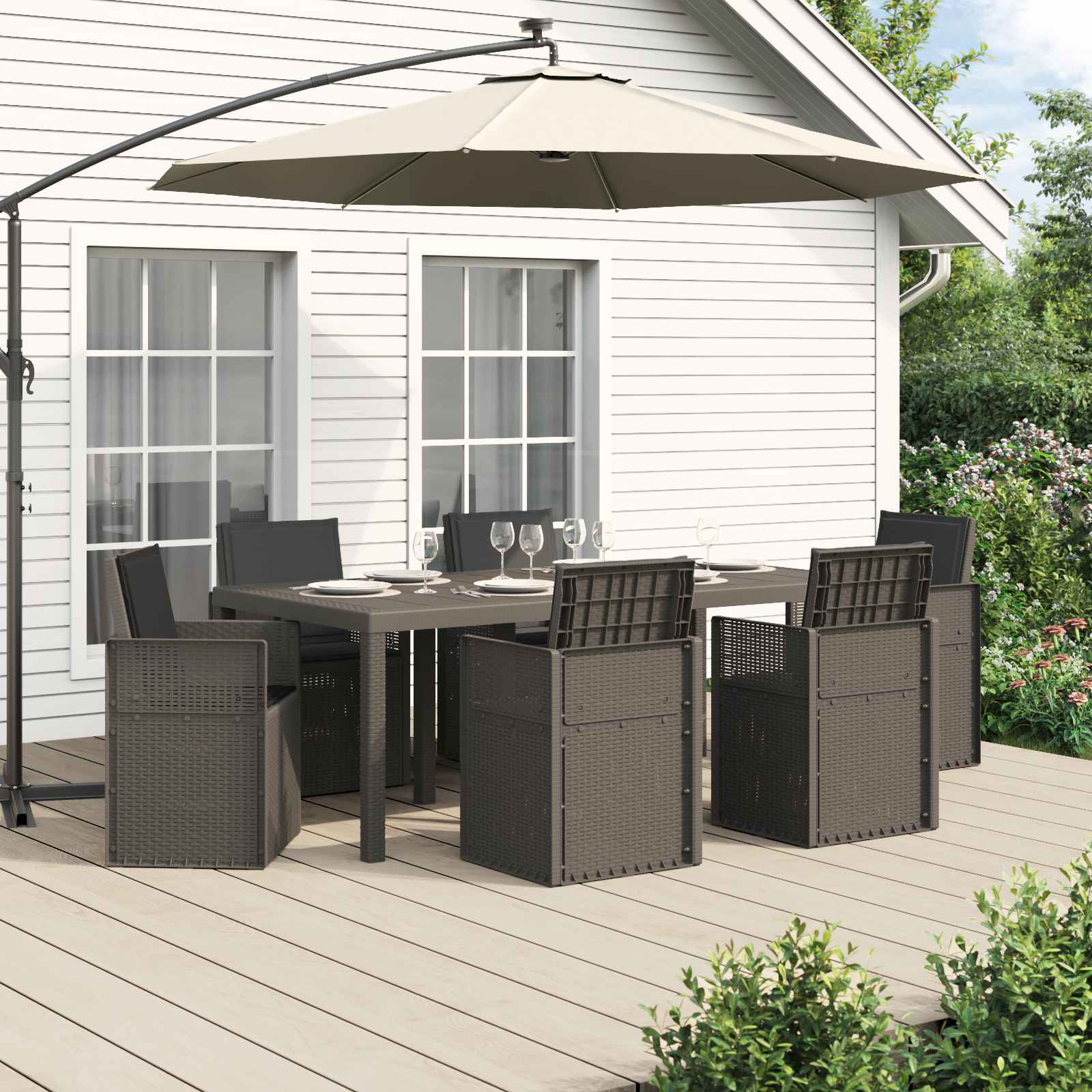 vidaXL Tuin eettafelset met kussen 3 pcs Antraciet- en crèmekleurig PP