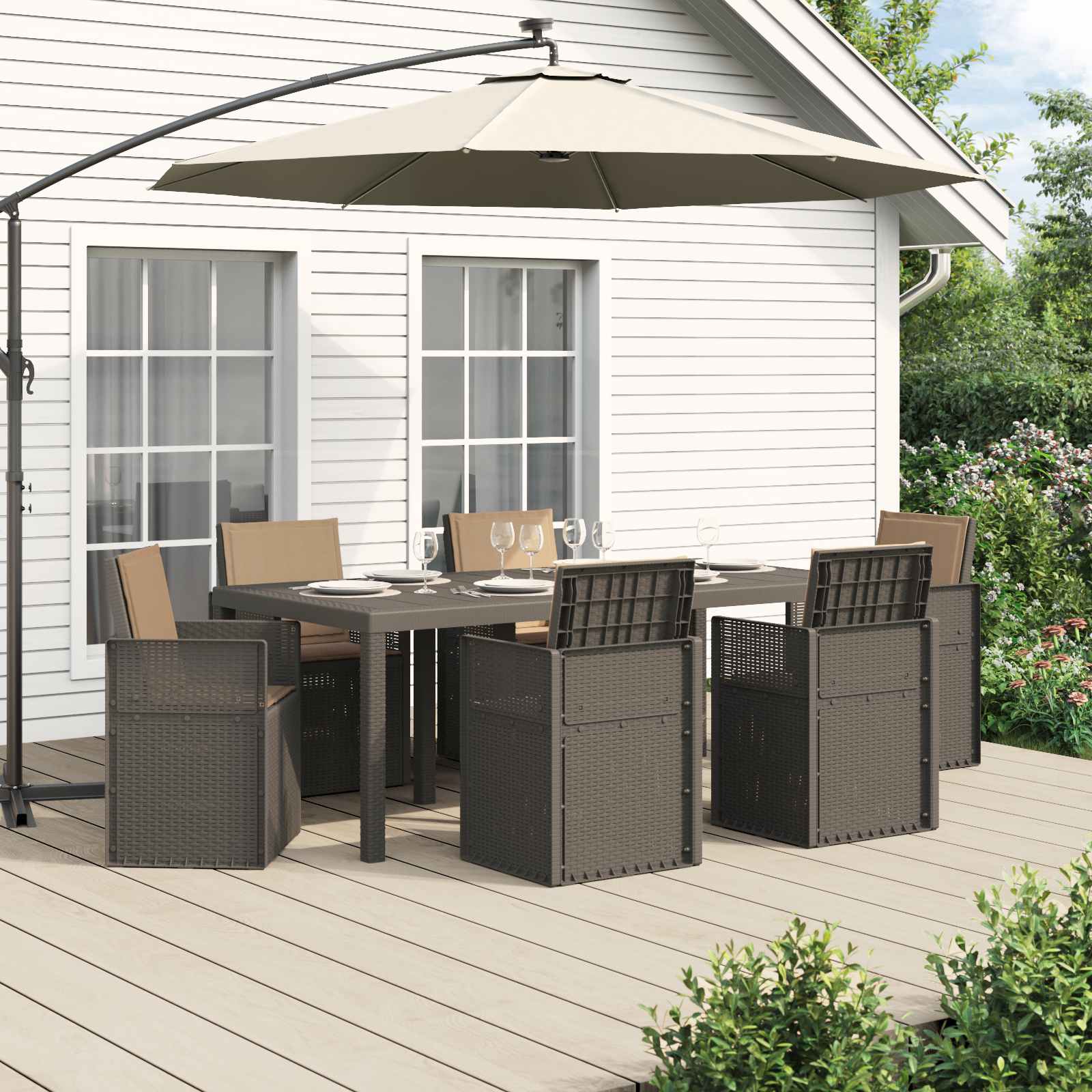vidaXL Tuin eettafelset met kussen 3 pcs Antraciet- en crèmekleurig PP