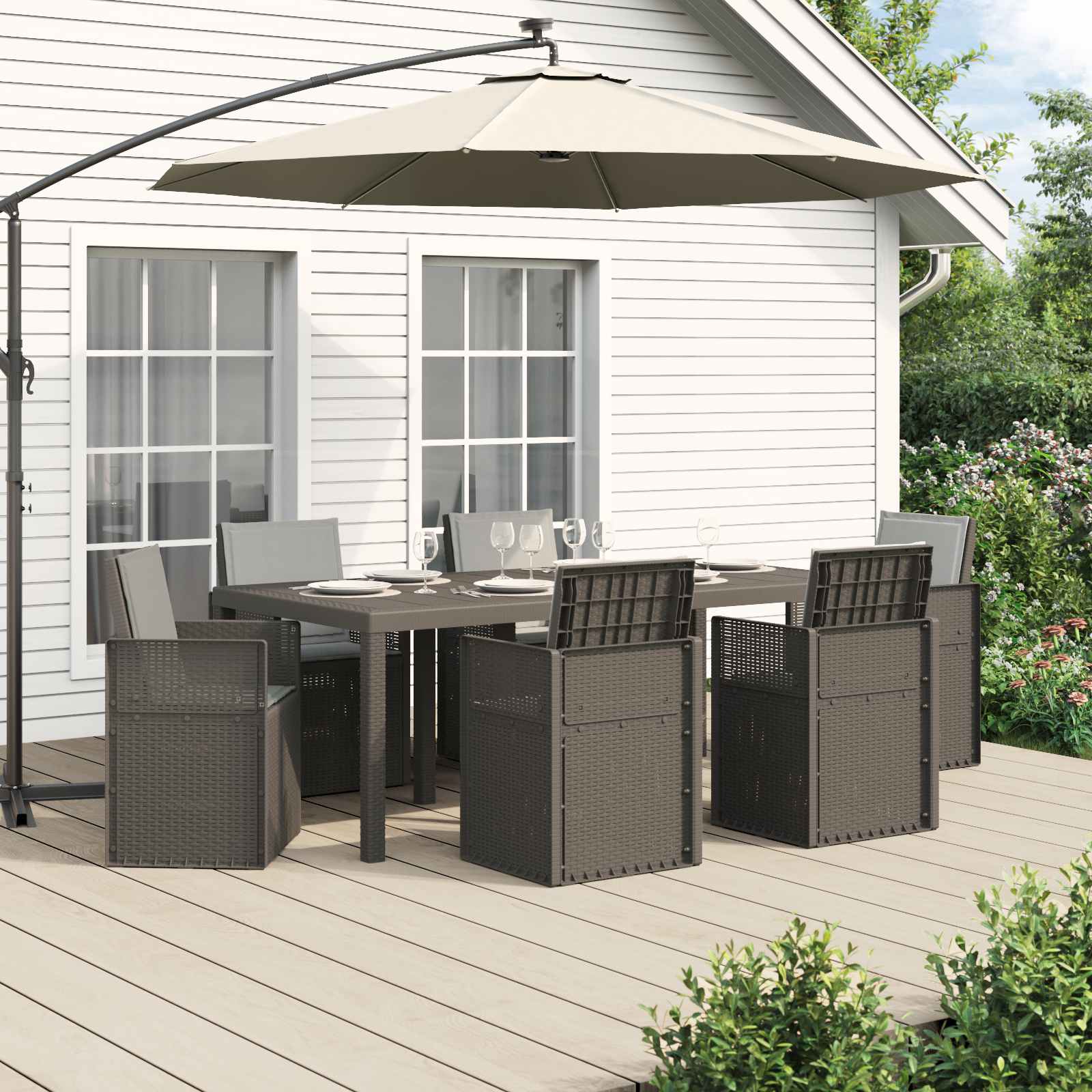 vidaXL Tuin eettafelset met kussen 3 pcs Antraciet- en crèmekleurig PP