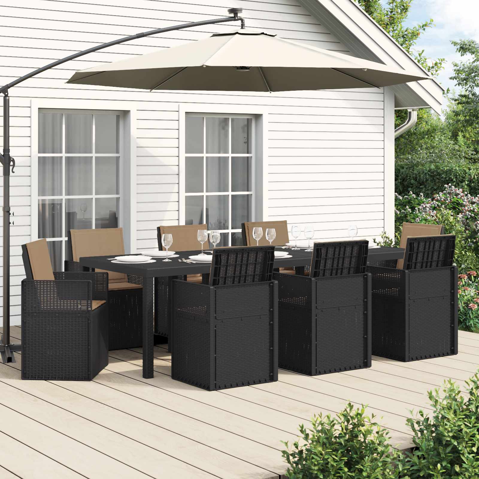 vidaXL Tuin eettafelset met kussen 3 pcs Antraciet- en crèmekleurig PP