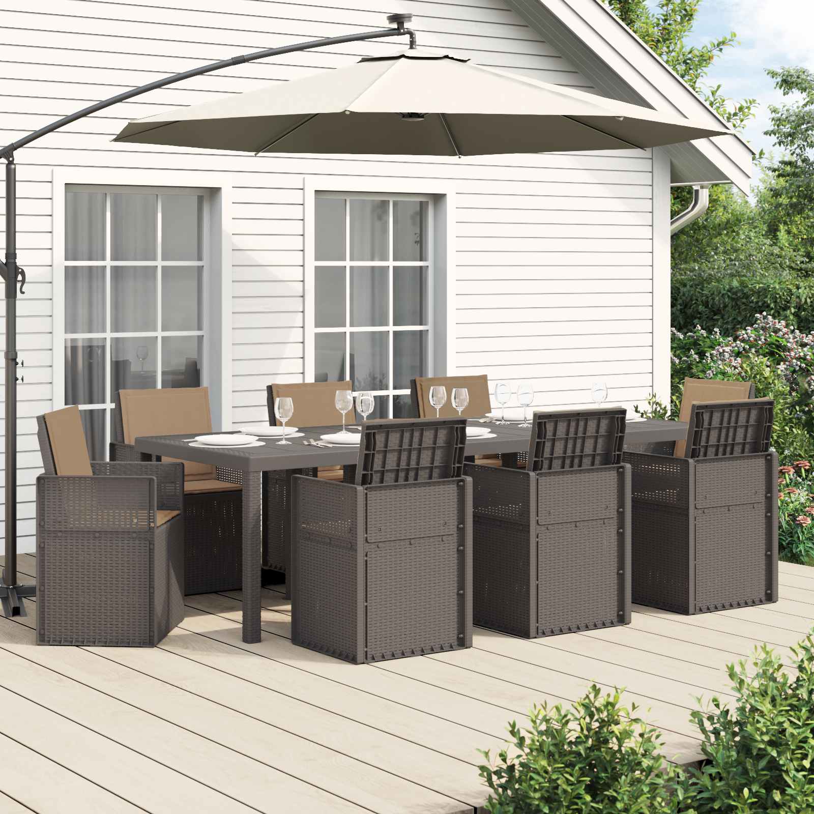 vidaXL Tuin eettafelset met kussen 3 pcs Antraciet- en crèmekleurig PP