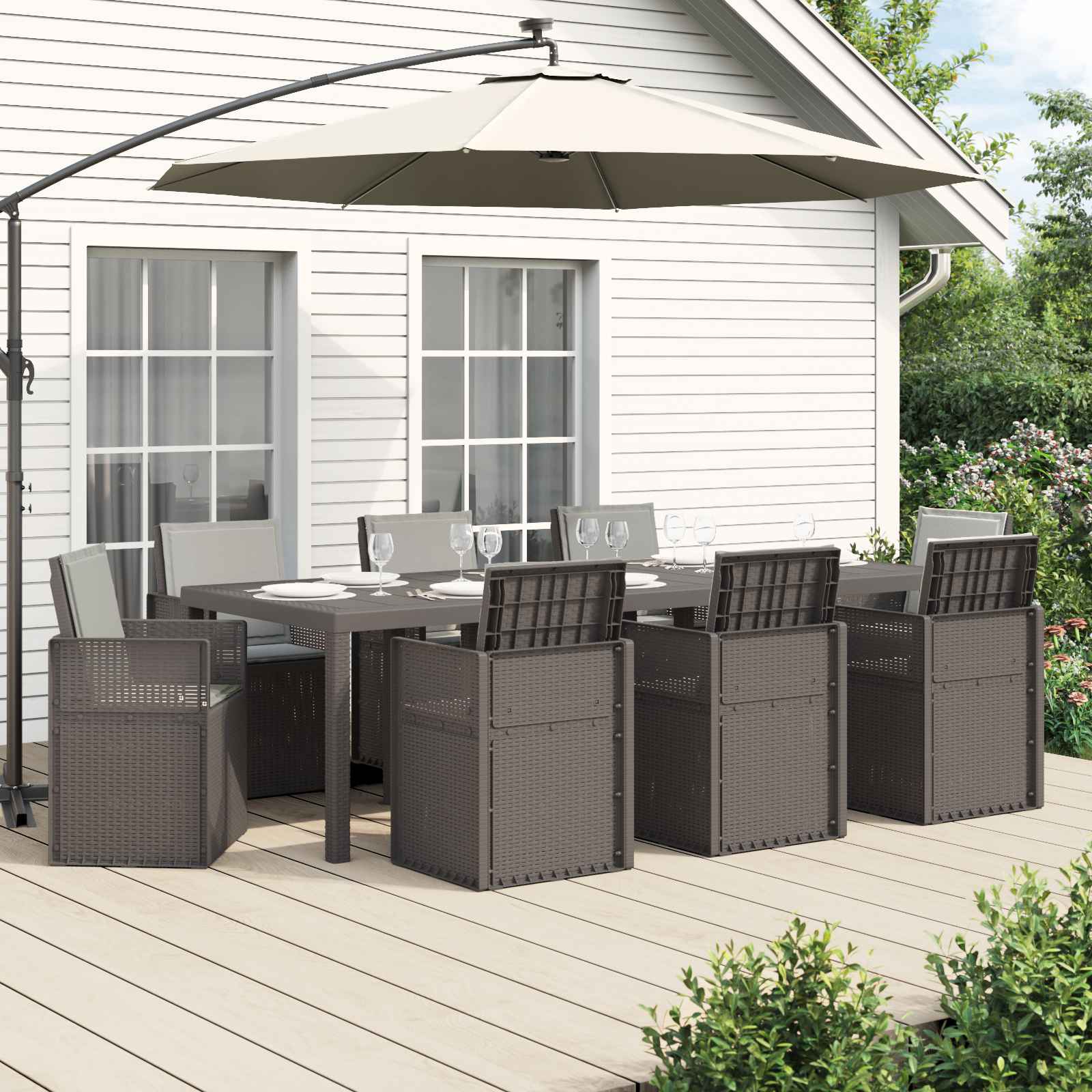 vidaXL Tuin eettafelset met kussen 3 pcs Antraciet- en crèmekleurig PP