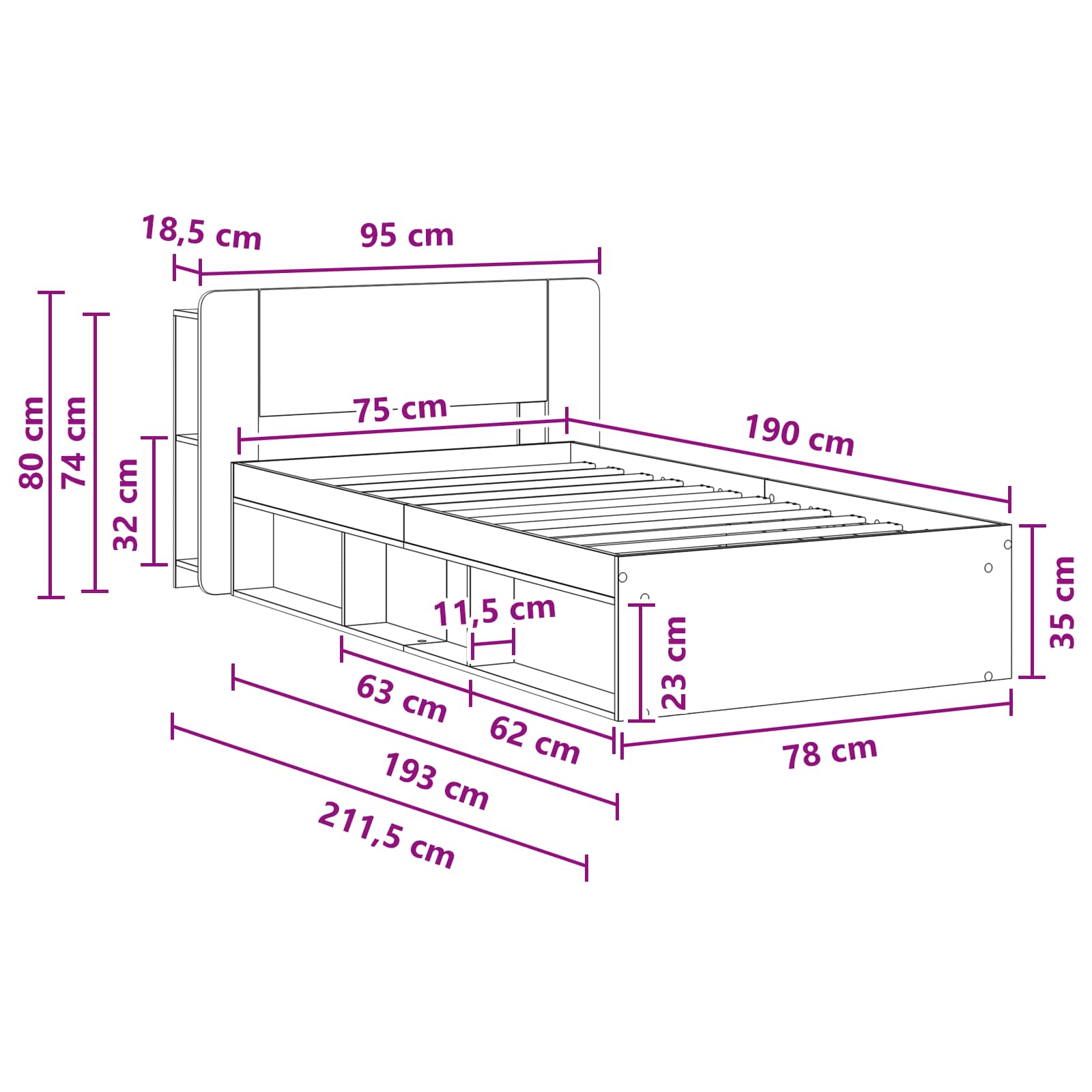 vidaXL Bedframe met opslag Artisanaal eiken 75 x 190 cm Bewerkt hout