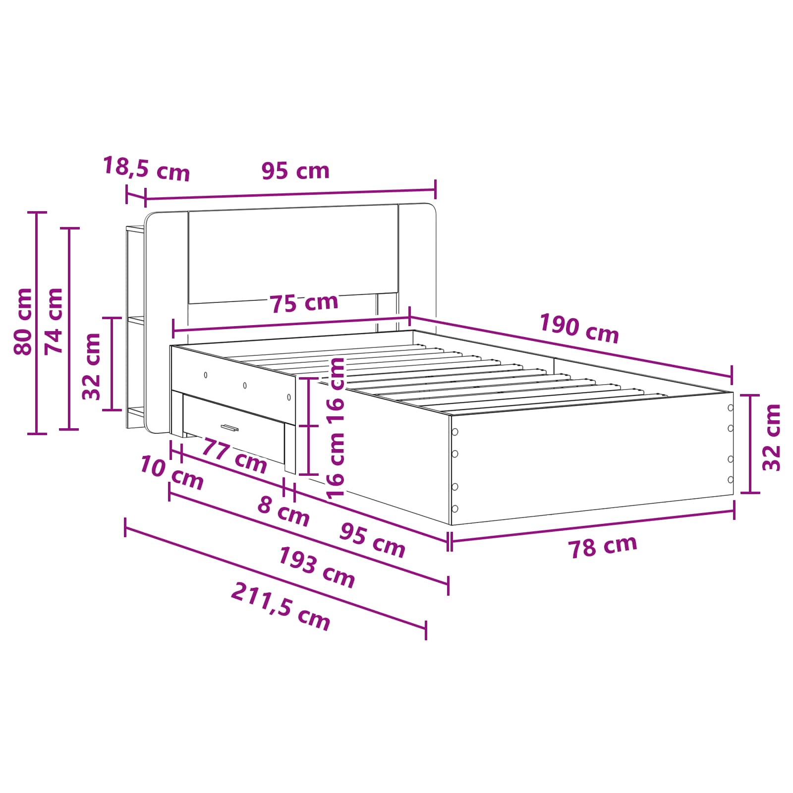vidaXL Bedframe met opbergruimte en hoofdbord Zwart 180 x 200 cm