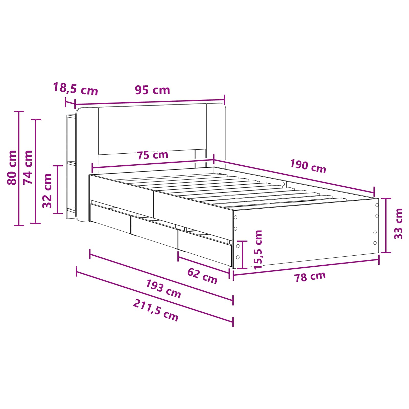 vidaXL Bedframe met opslag Artisanaal eiken 80 x 200 cm Bewerkt hout