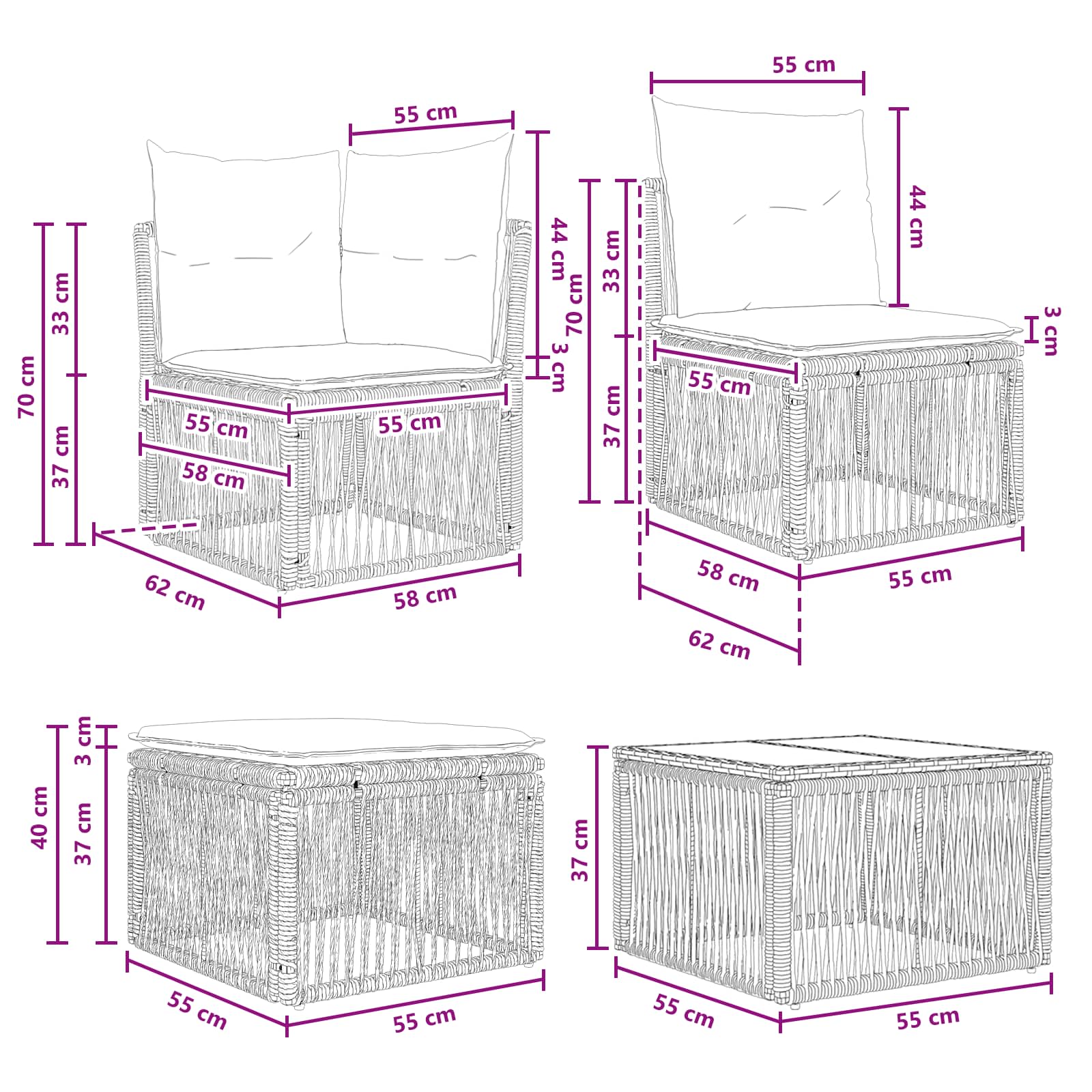 vidaXL Tuinbankenset 6 pcs Zwart poly rattan
