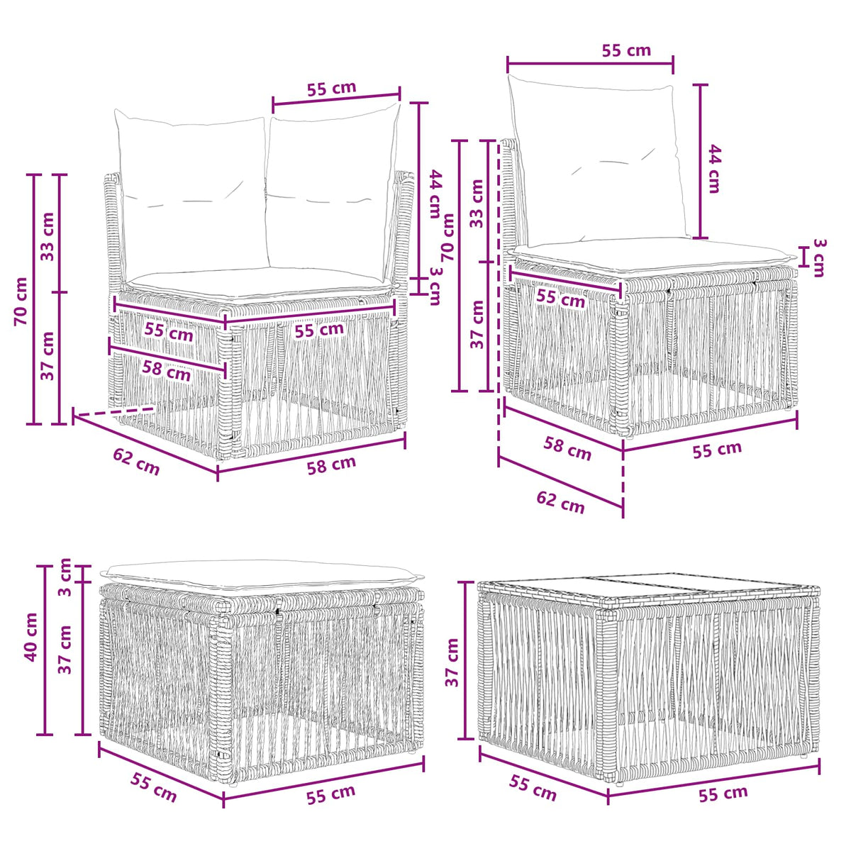 vidaXL Tuinbankenset 11 st Zwart poly rattan