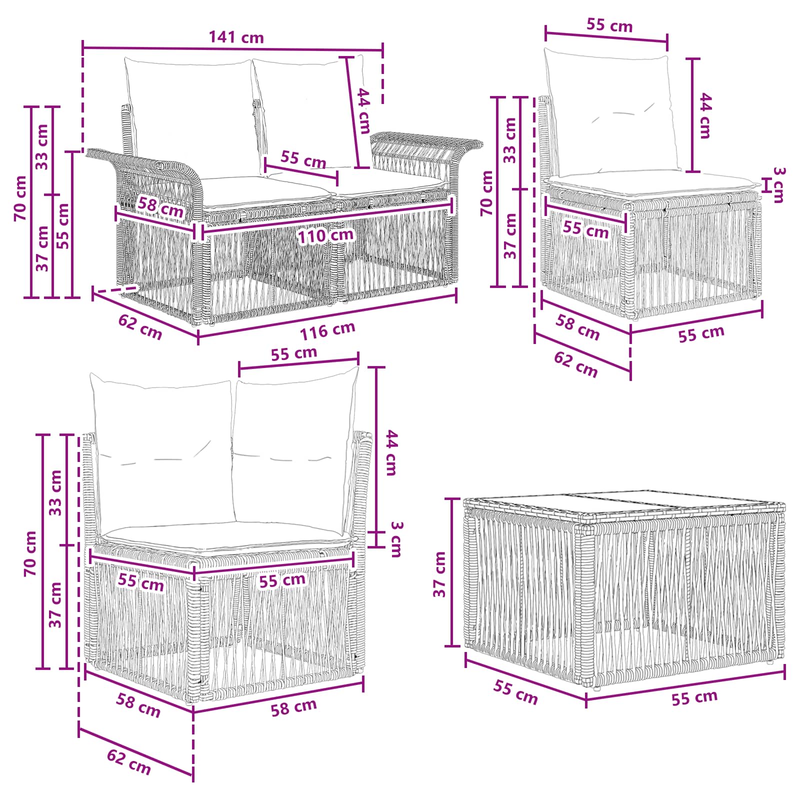 vidaXL Tuinbankenset 8 st Zwart poly rattan