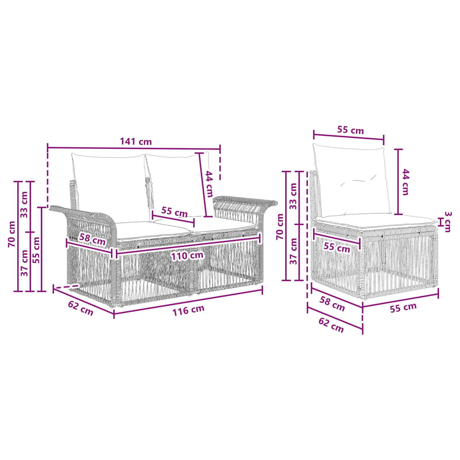 vidaXL Tuinbankenset 6 pcs Zwart poly rattan