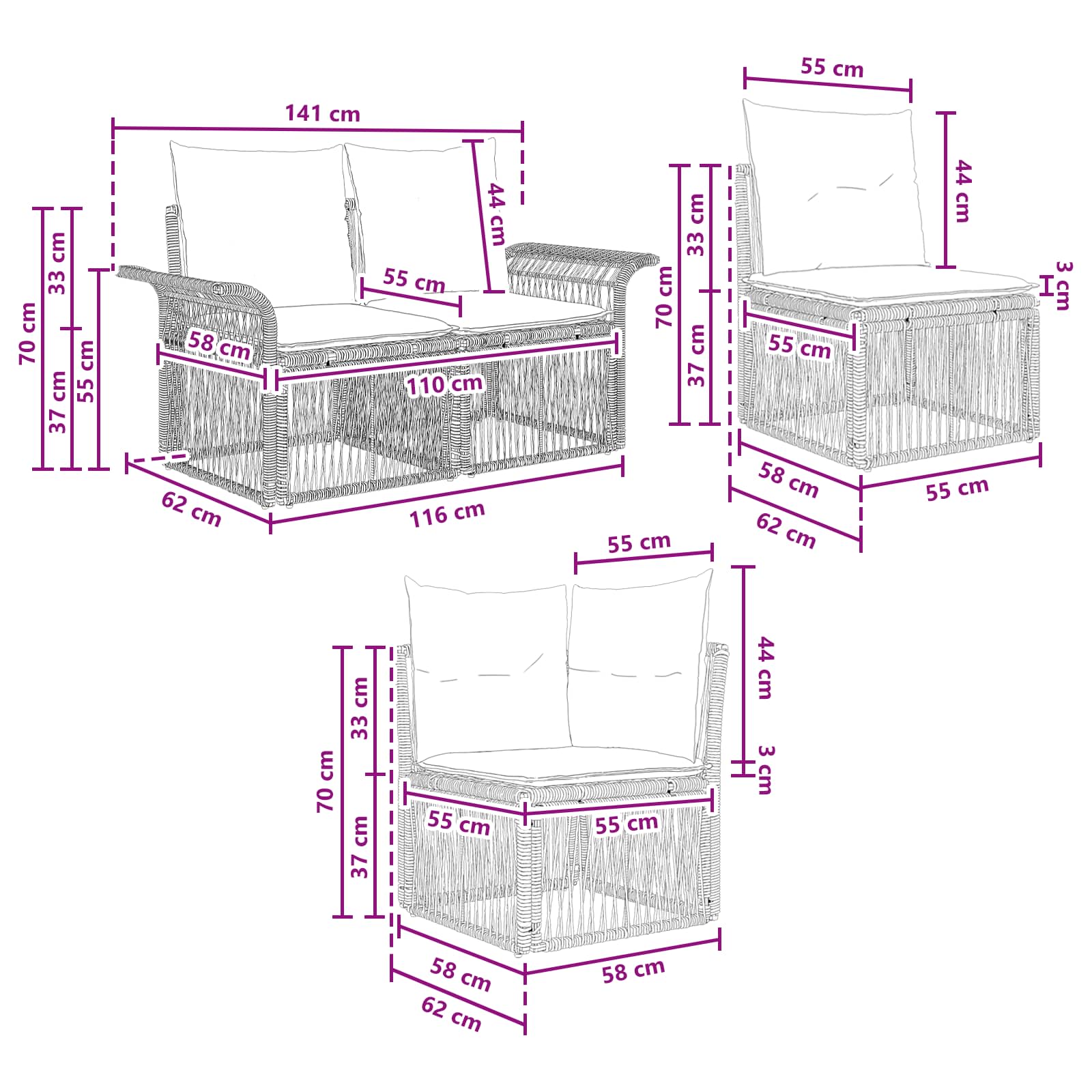 vidaXL Tuinbankenset 7 st 7-Aantal zitplaatsen Zwart poly rattan
