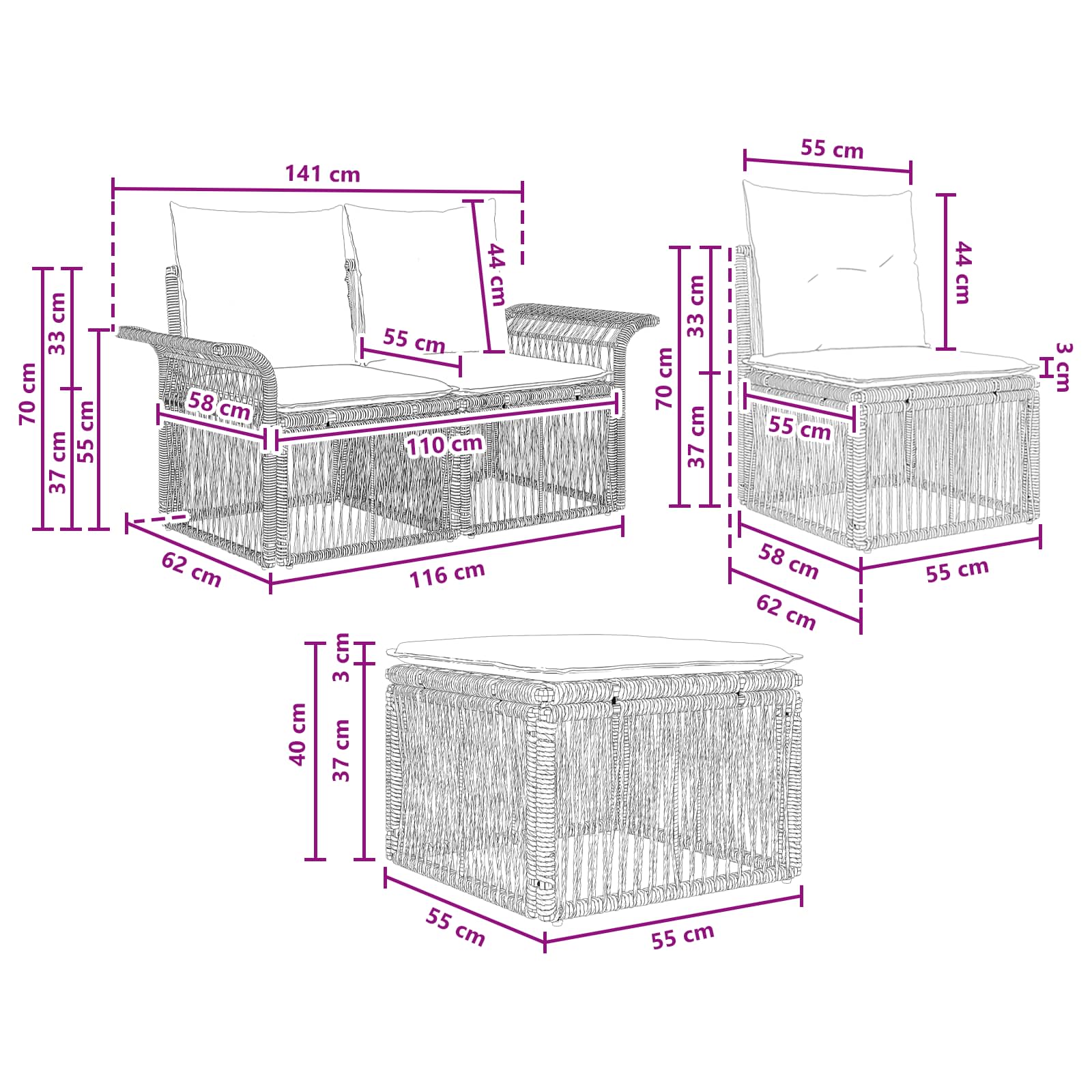 vidaXL Tuinbankenset 8 pcs Zwart poly rattan