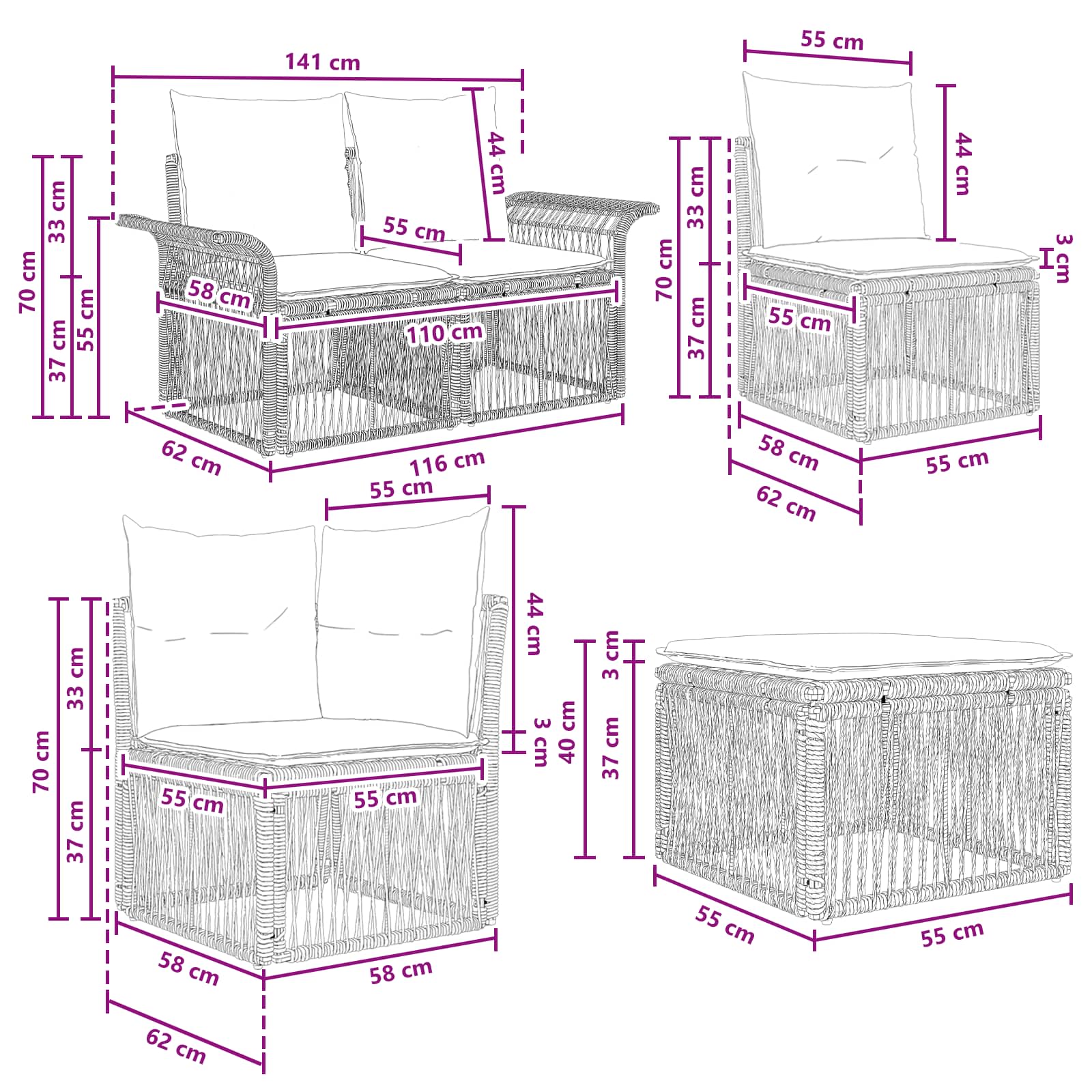 vidaXL Tuinbankenset 10 pcs Zwart en Cream Wit poly rattan