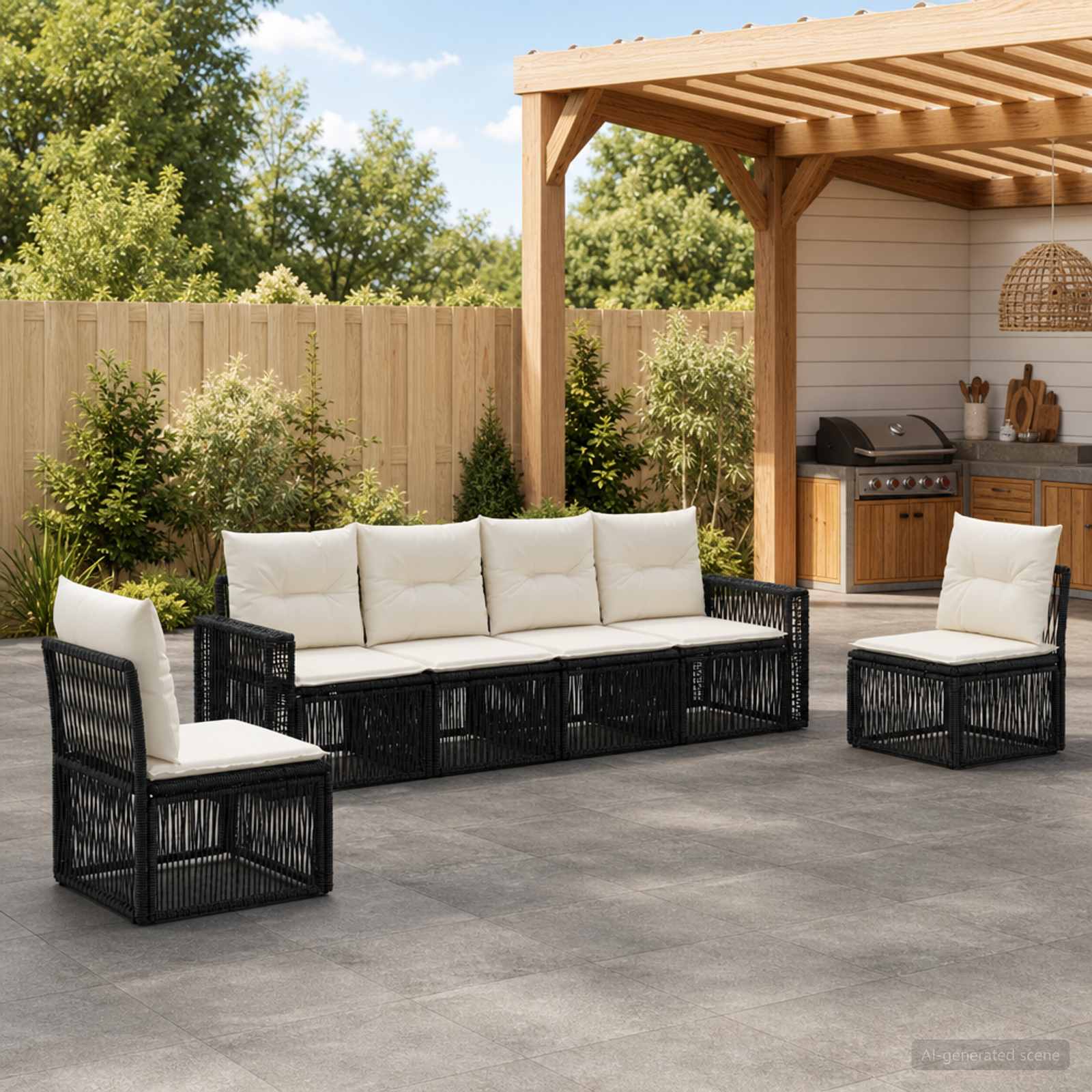 vidaXL Tuinbankenset 7 pcs Zwart en Cream Wit poly rattan