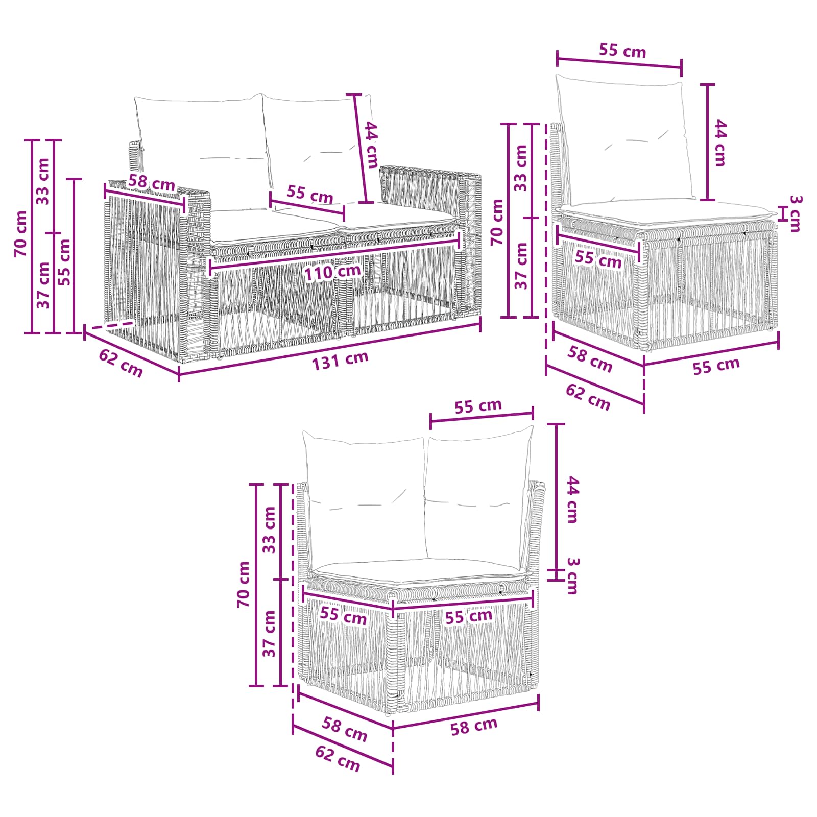 vidaXL Tuinbankenset 9 pcs Zwart en Cream Wit poly rattan