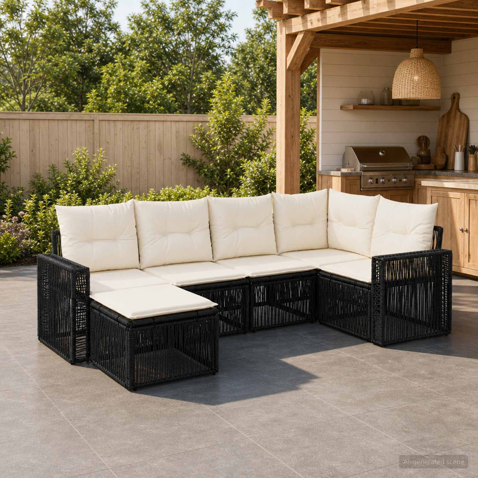 vidaXL Tuinbankenset 7 pcs Zwart en Cream Wit poly rattan