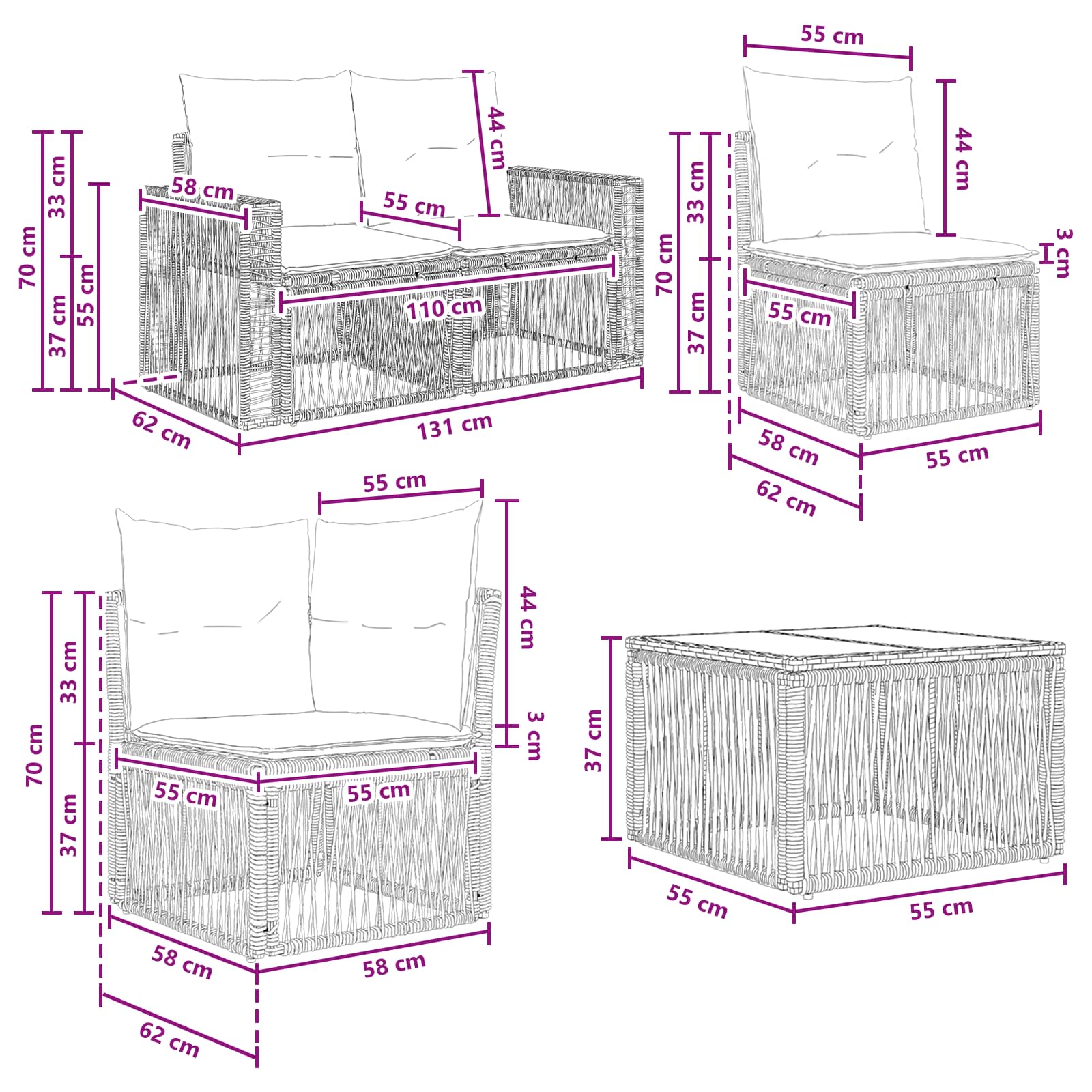 vidaXL Tuinbankenset 8 pcs Zwart en Cream Wit poly rattan
