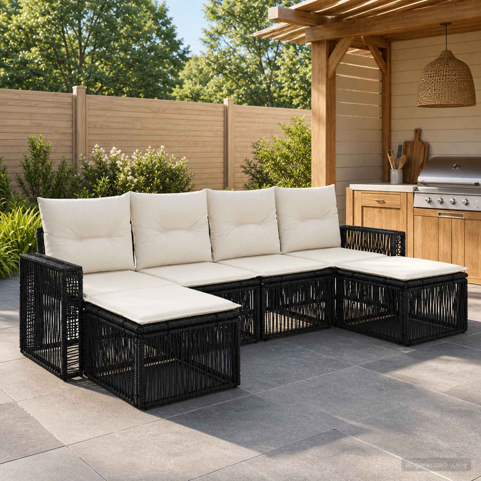 vidaXL Tuinbankenset 7 pcs Zwart en Cream Wit poly rattan