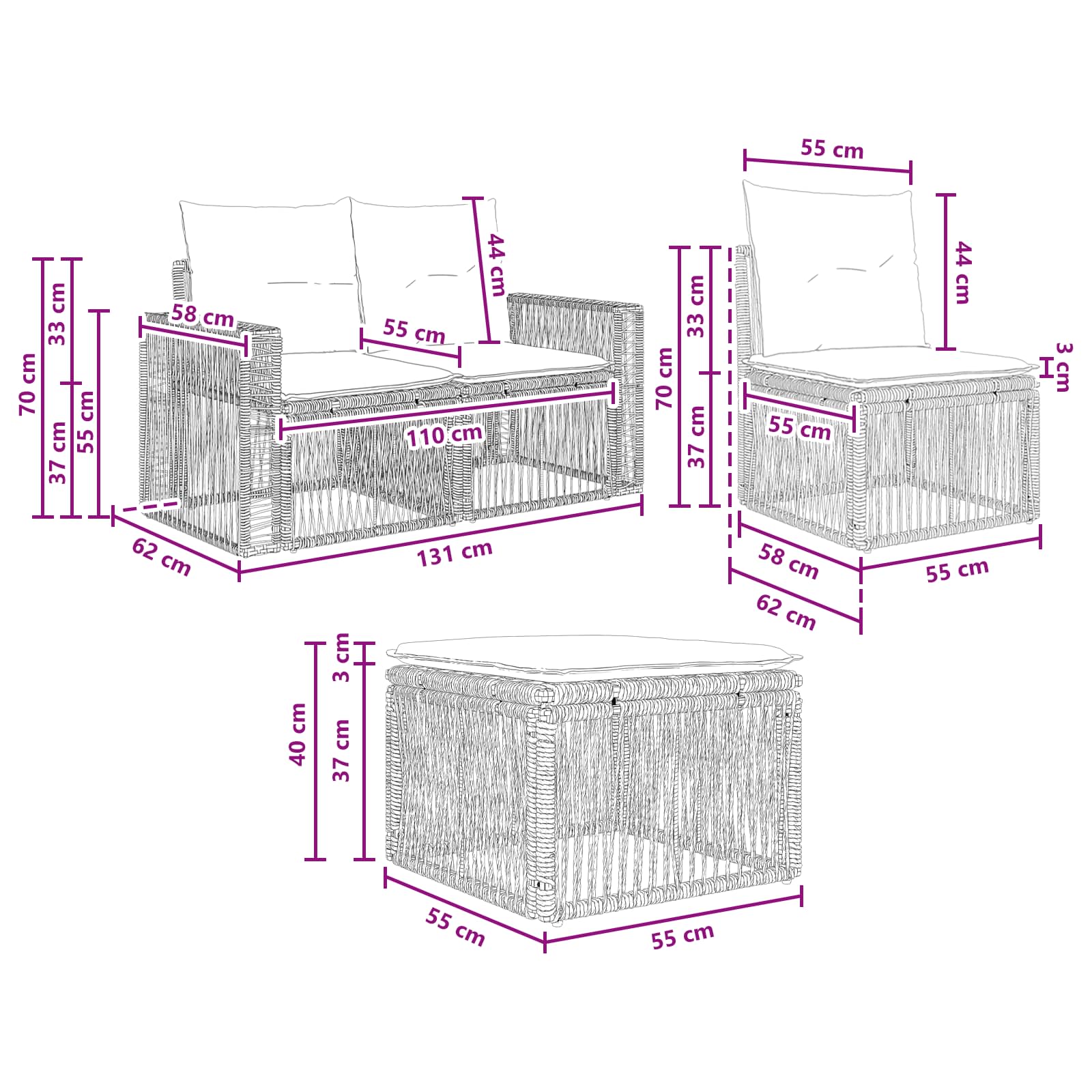 vidaXL Tuinbankenset 7 pcs Zwart en Cream Wit poly rattan