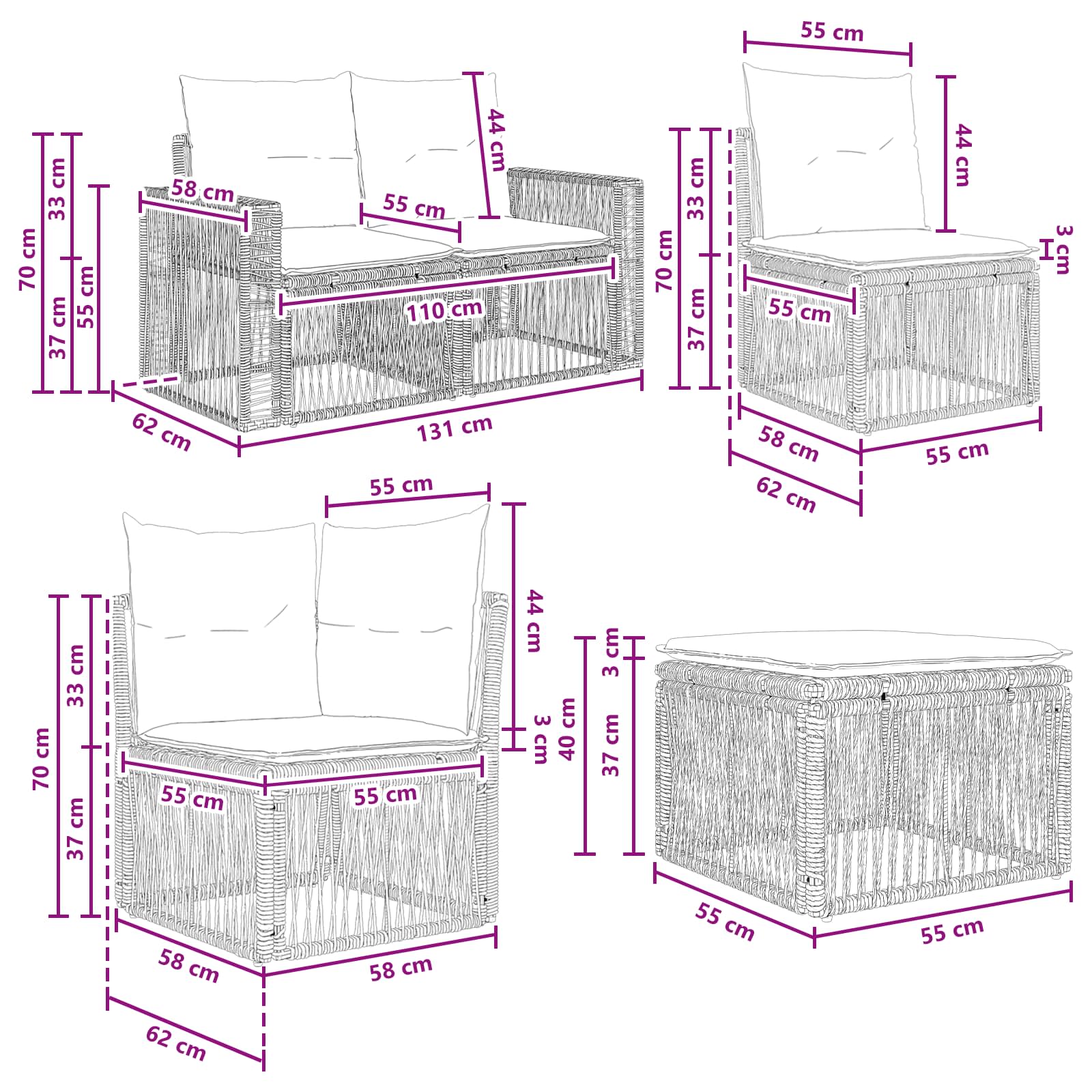 vidaXL Tuinbankenset 9 pcs Zwart en Cream Wit poly rattan