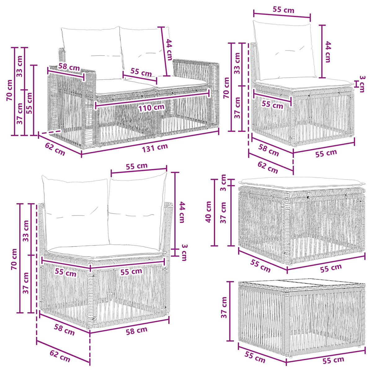 vidaXL Tuinbankenset 11 st Zwart poly rattan