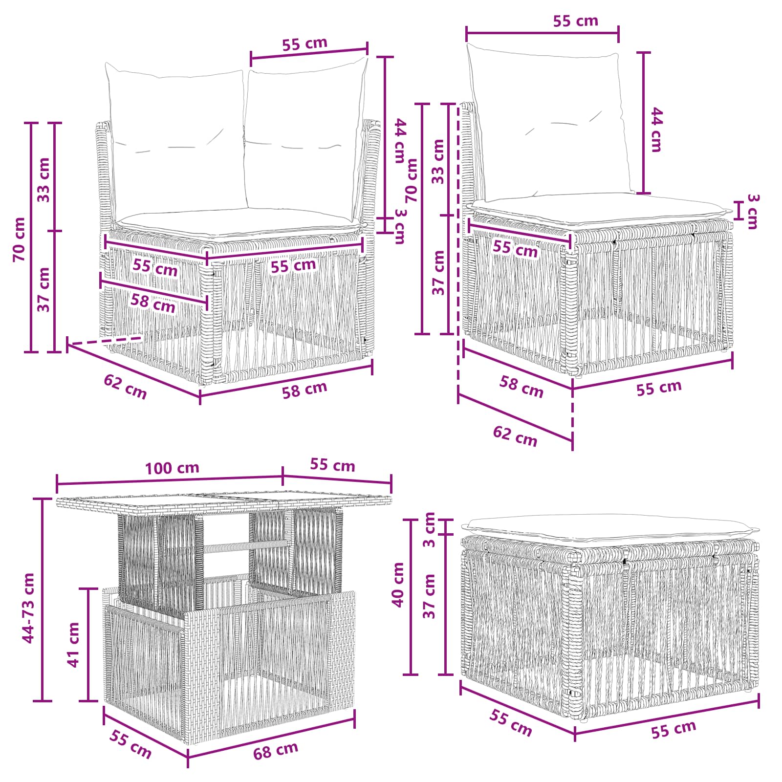 vidaXL Tuinbankenset 12 pcs Zwart en Cream Wit poly rattan
