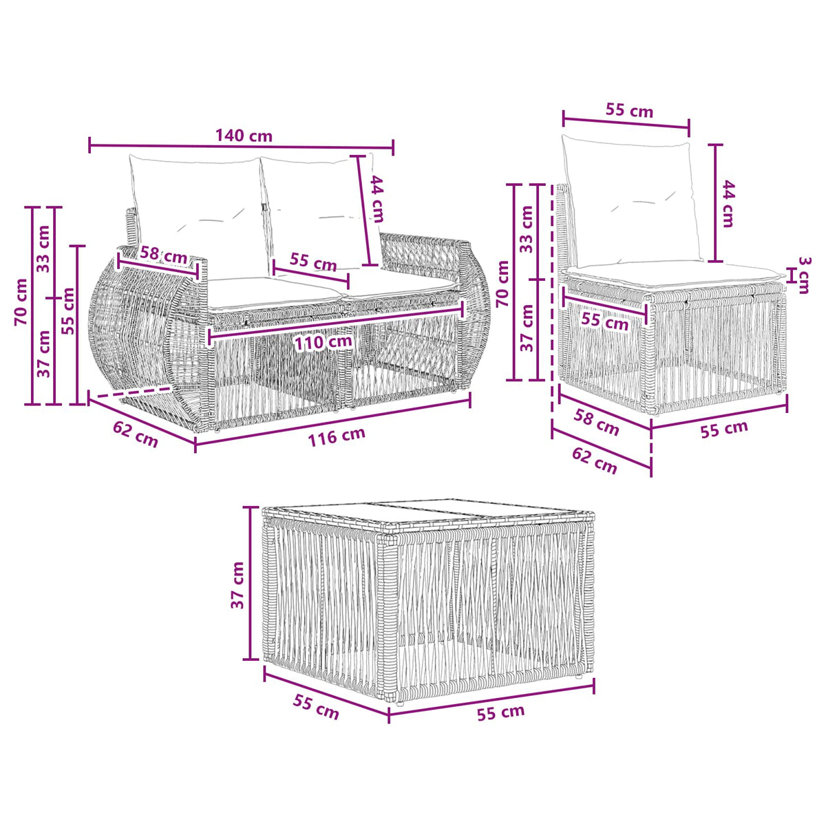 vidaXL Tuinbankenset 6 st Zwart poly rattan