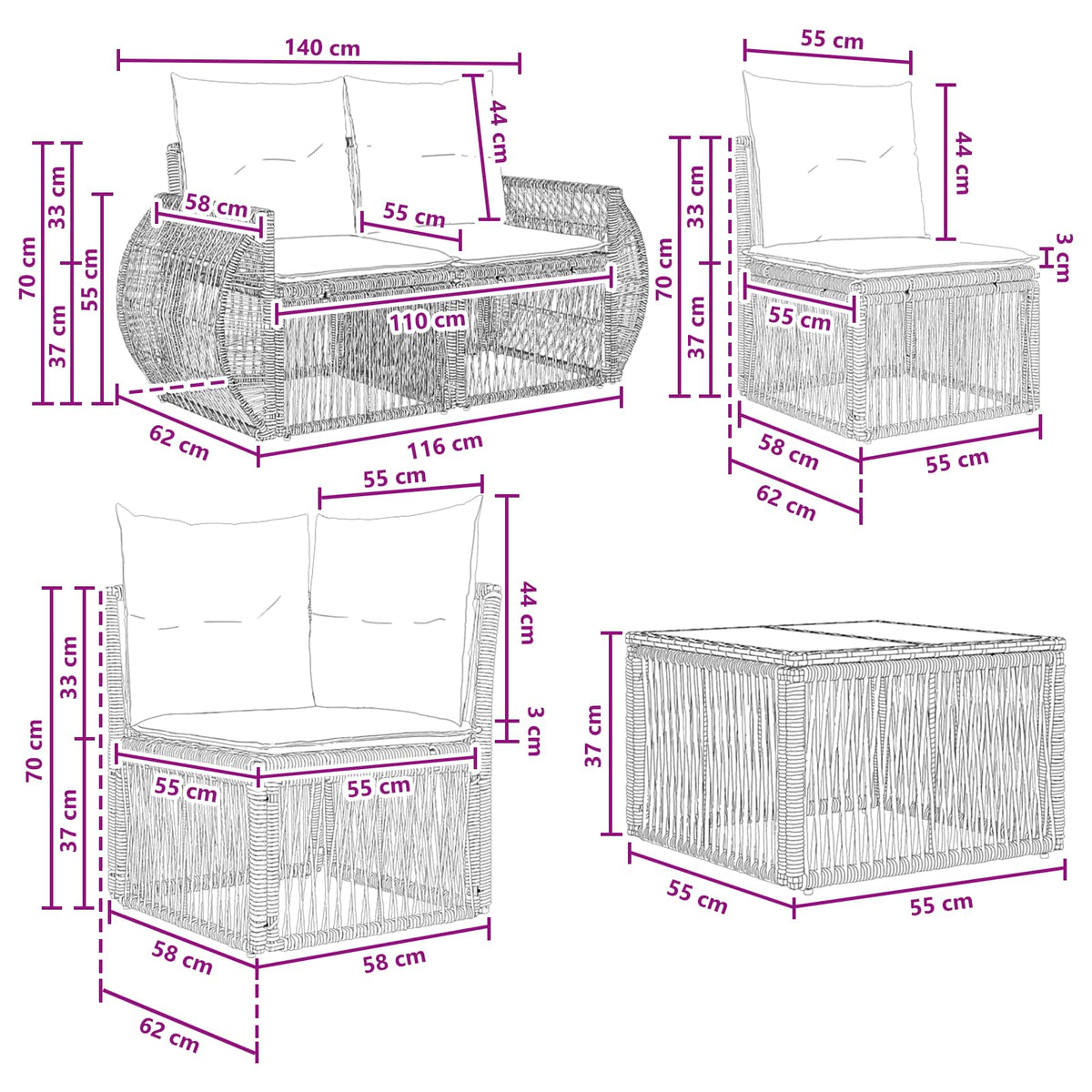 vidaXL Tuinbankenset 7 st Zwart poly rattan