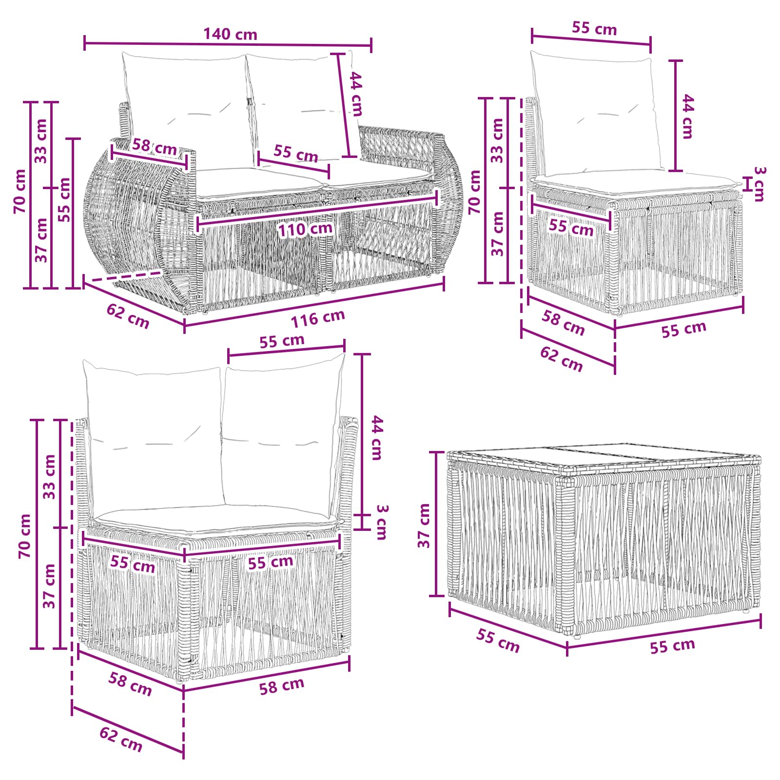vidaXL Tuinbankenset 9 st Zwart poly rattan