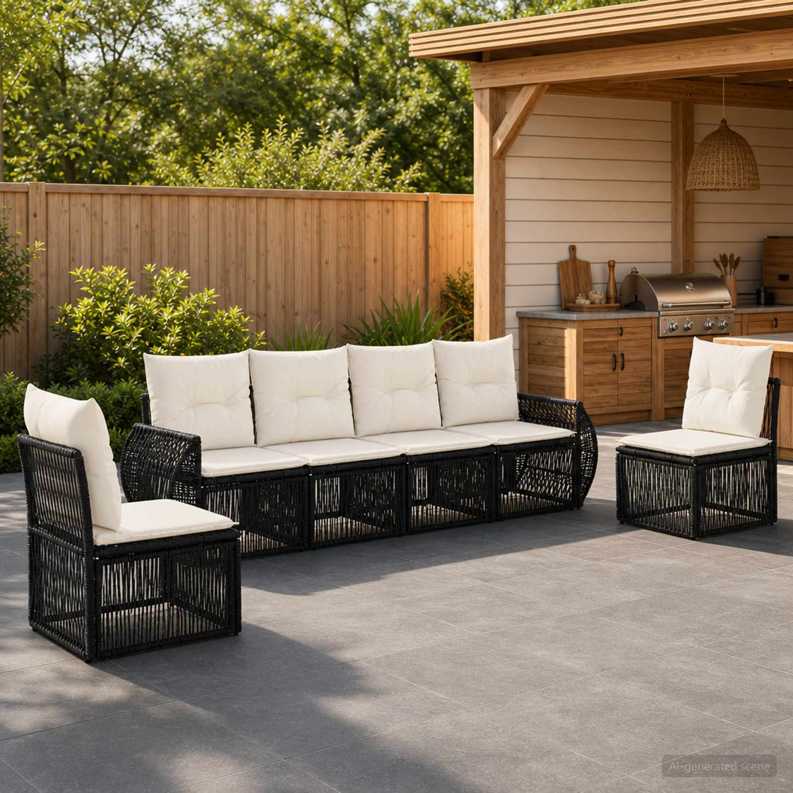 vidaXL Tuinbankenset 7 pcs Zwart en Cream Wit poly rattan