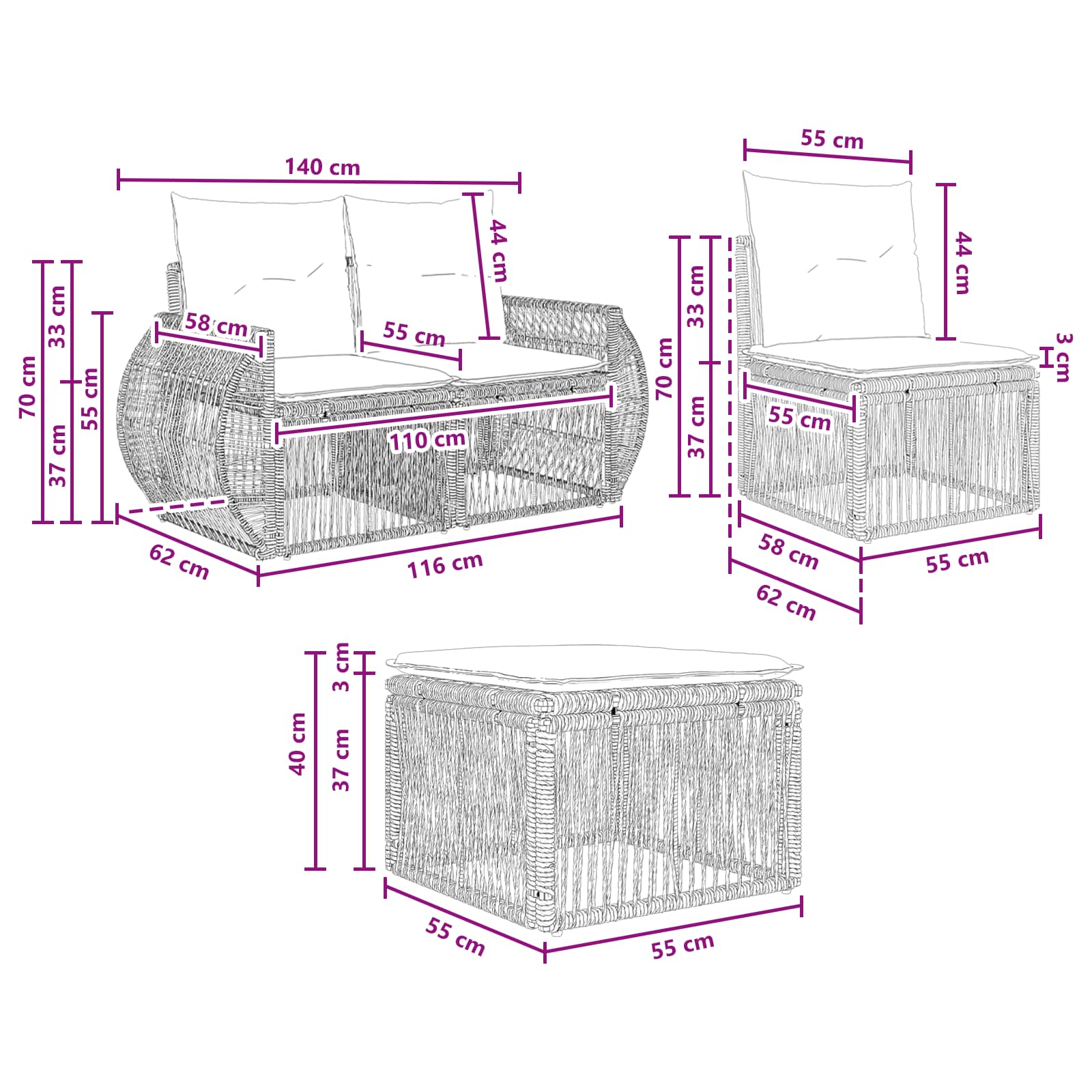vidaXL Tuinbankenset 5 pcs Zwart en Cream Wit poly rattan