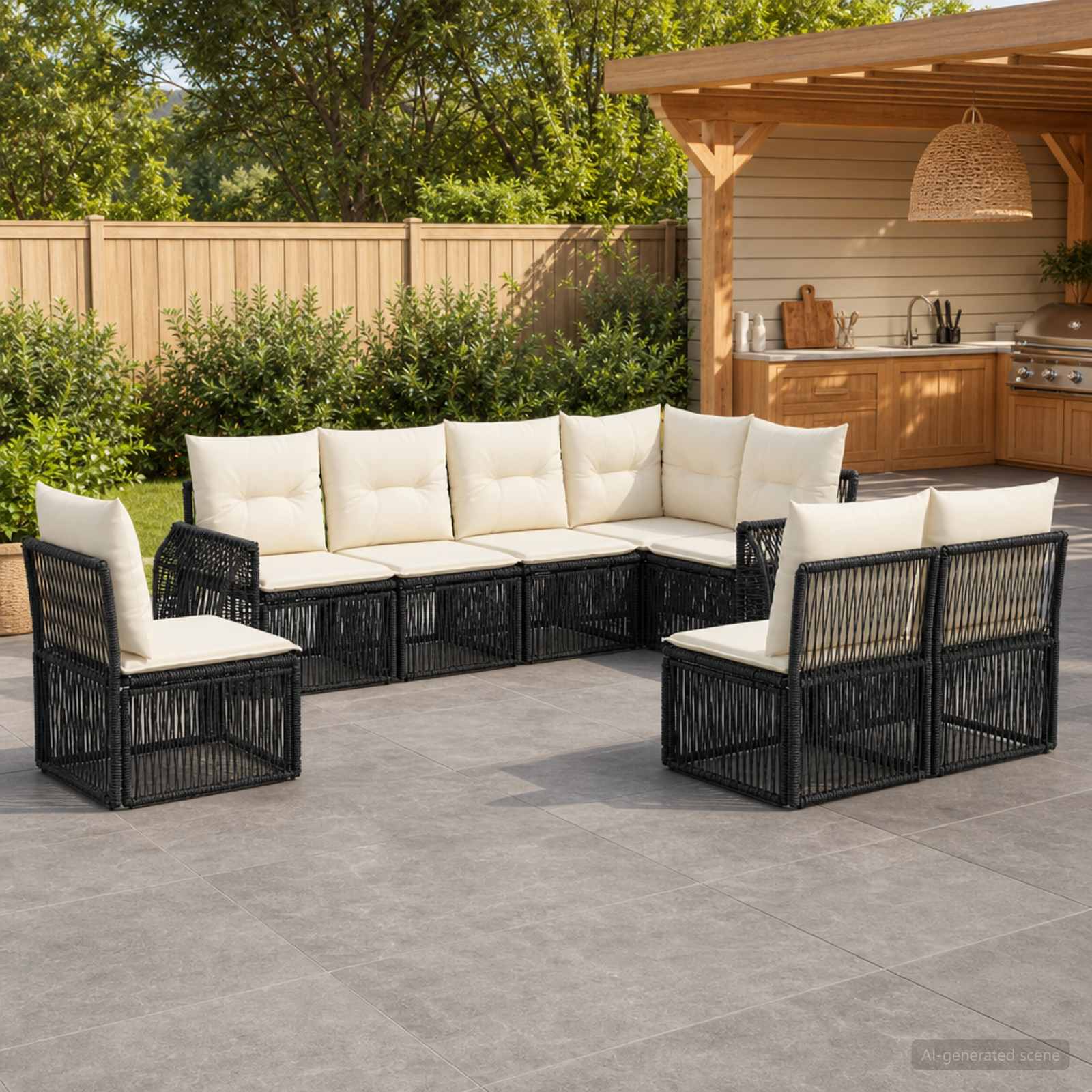vidaXL Tuinbankenset 9 pcs Zwart en Cream Wit poly rattan