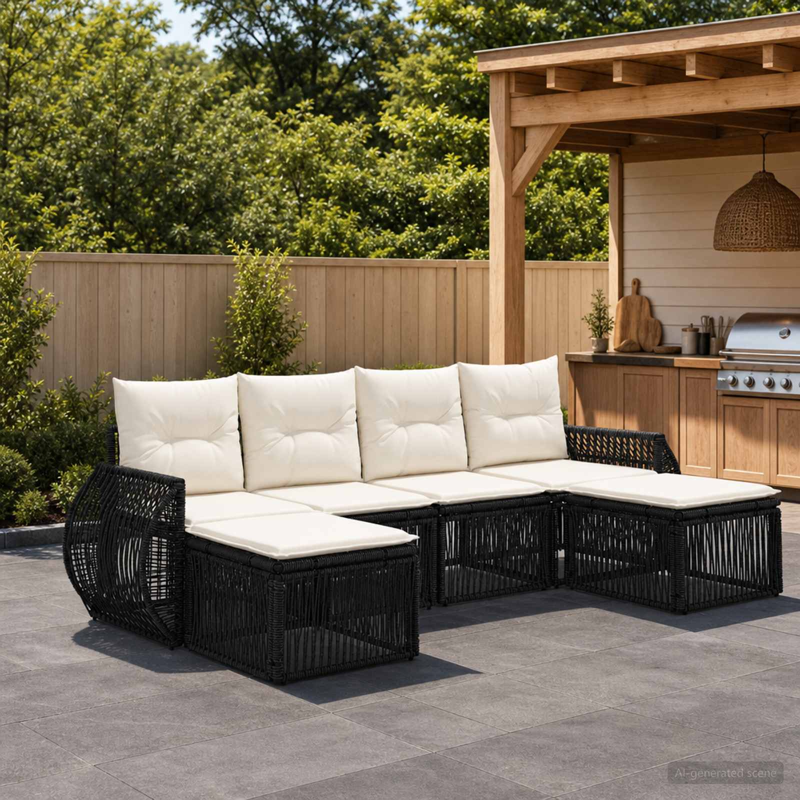 vidaXL Tuinbankenset 7 pcs Zwart en Cream Wit poly rattan